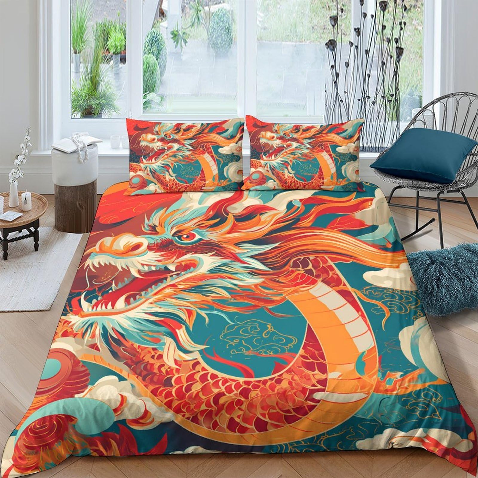 Ctjqhvkz Style-4 3D Printed Oriental Dragon Fitted Sheet Microfiber Vibrant Red Blue Mattress Cover For Bedroom Guest Room Decor Single（135X200cm）