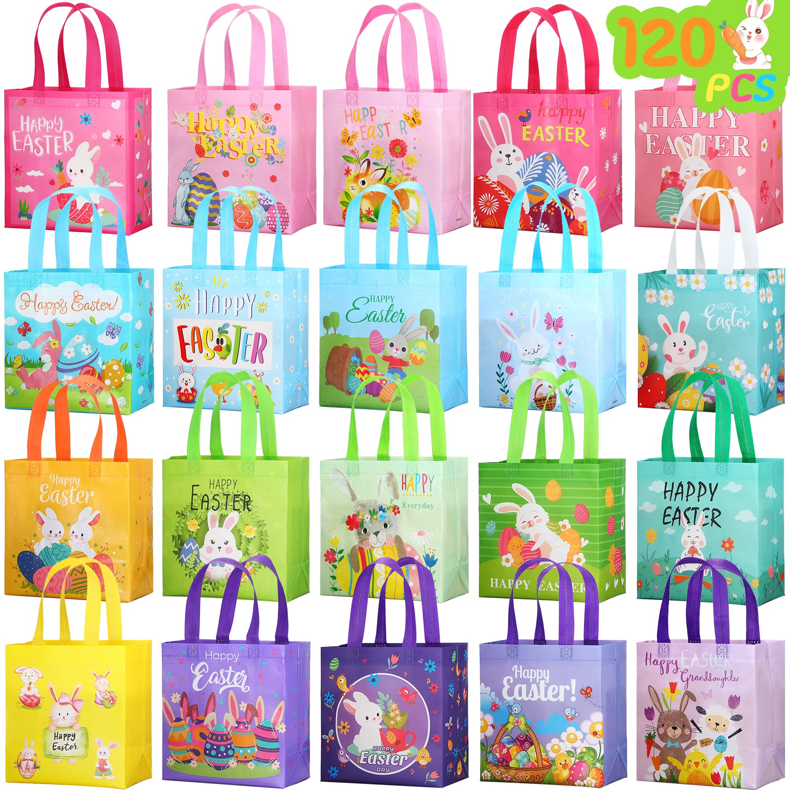 Tudomro 120 Pieces Easter Tote Bags with Handles Bunny Non Woven Bags Reusable Easter Grocery Shopping Bag Kitchen