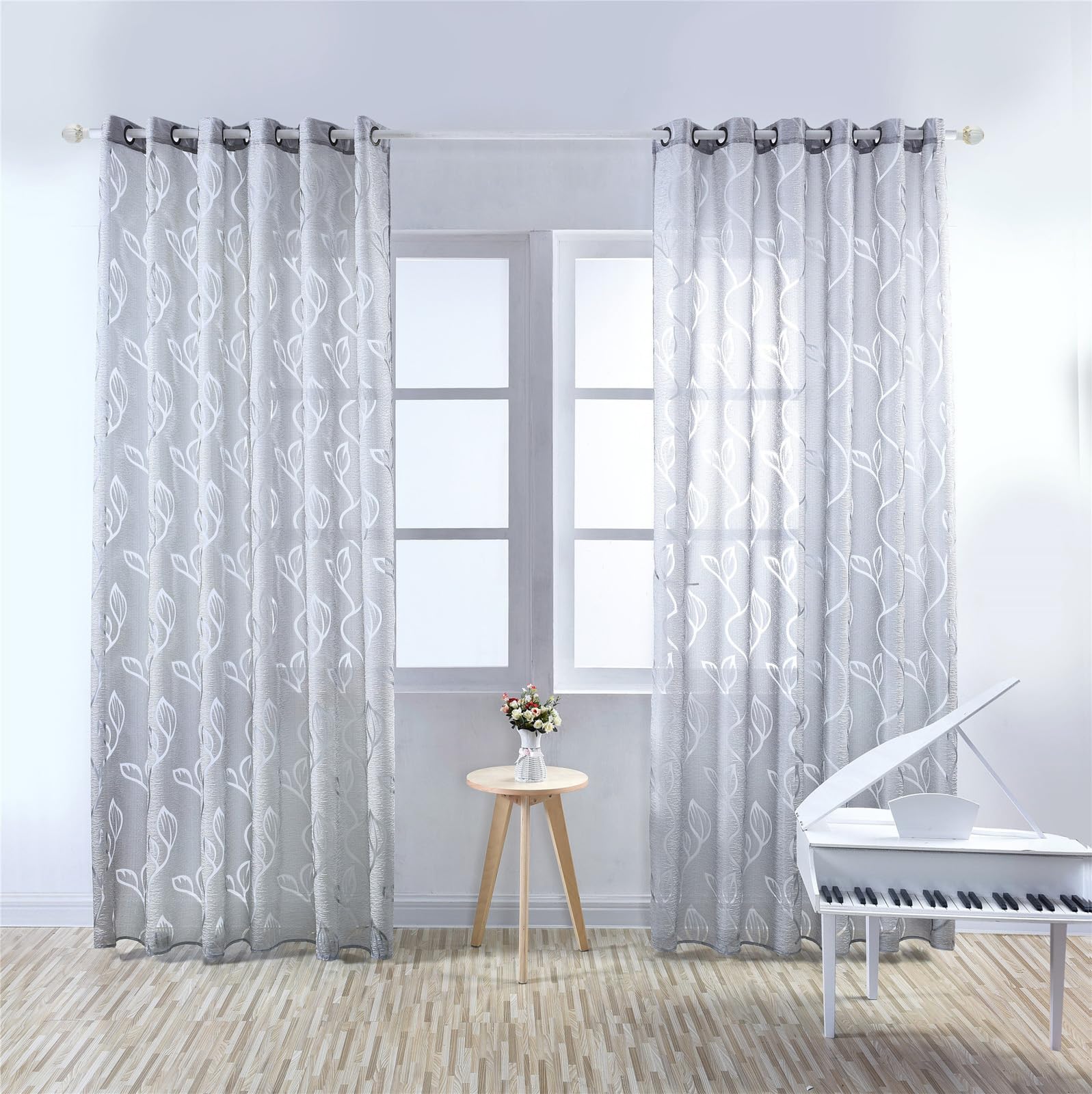 SSWH White Voile Curtains, 2 Panels Sheer Net Curtains Light Filtering Voile Panel with Leaf Pattern for Bedroom Living Room(Size:100x250cm/W 39" x L 98" (2 Panels),Color:Grey)