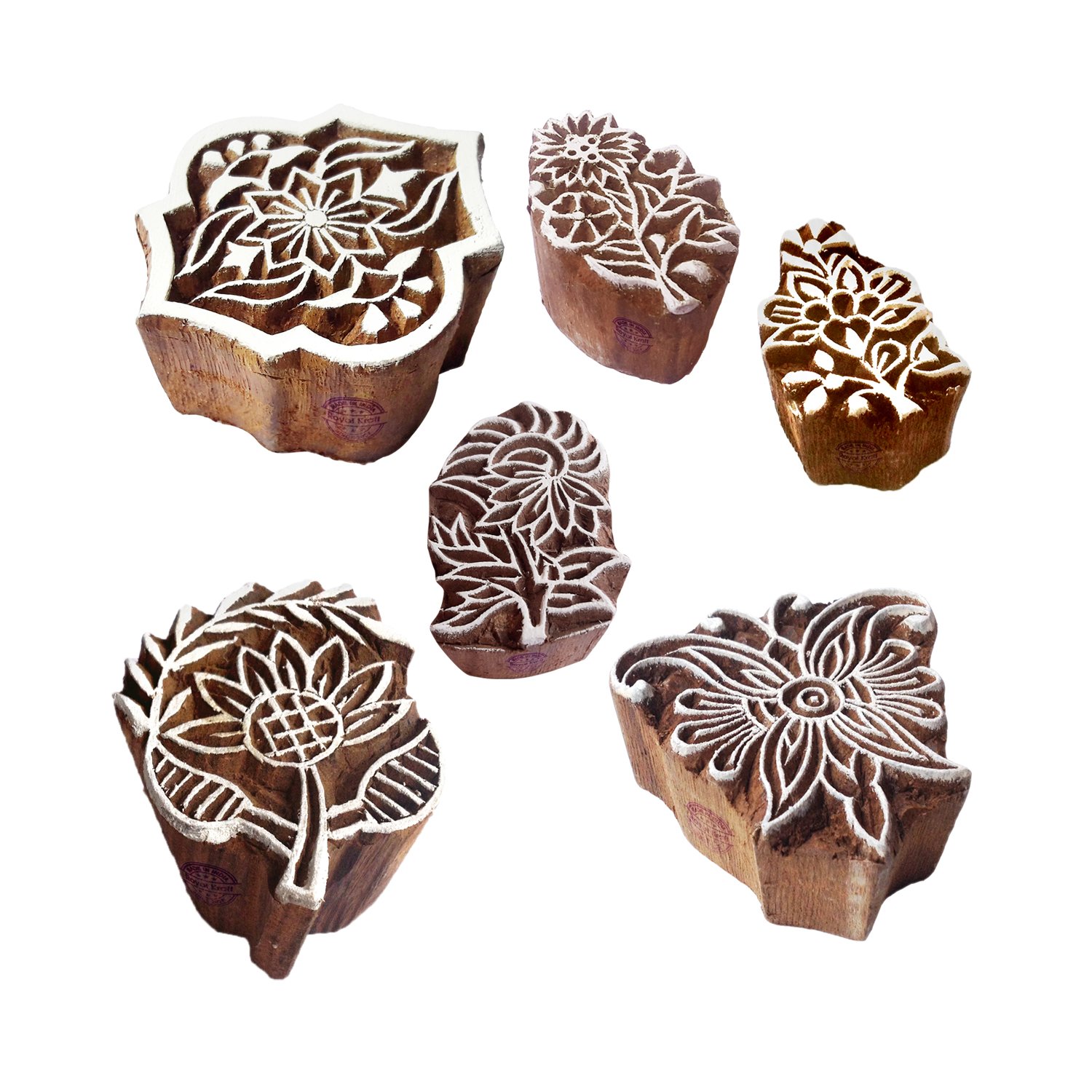 Henna Wooden Stamps Intricate Floral Pattern Printing Blocks (Set of 6)