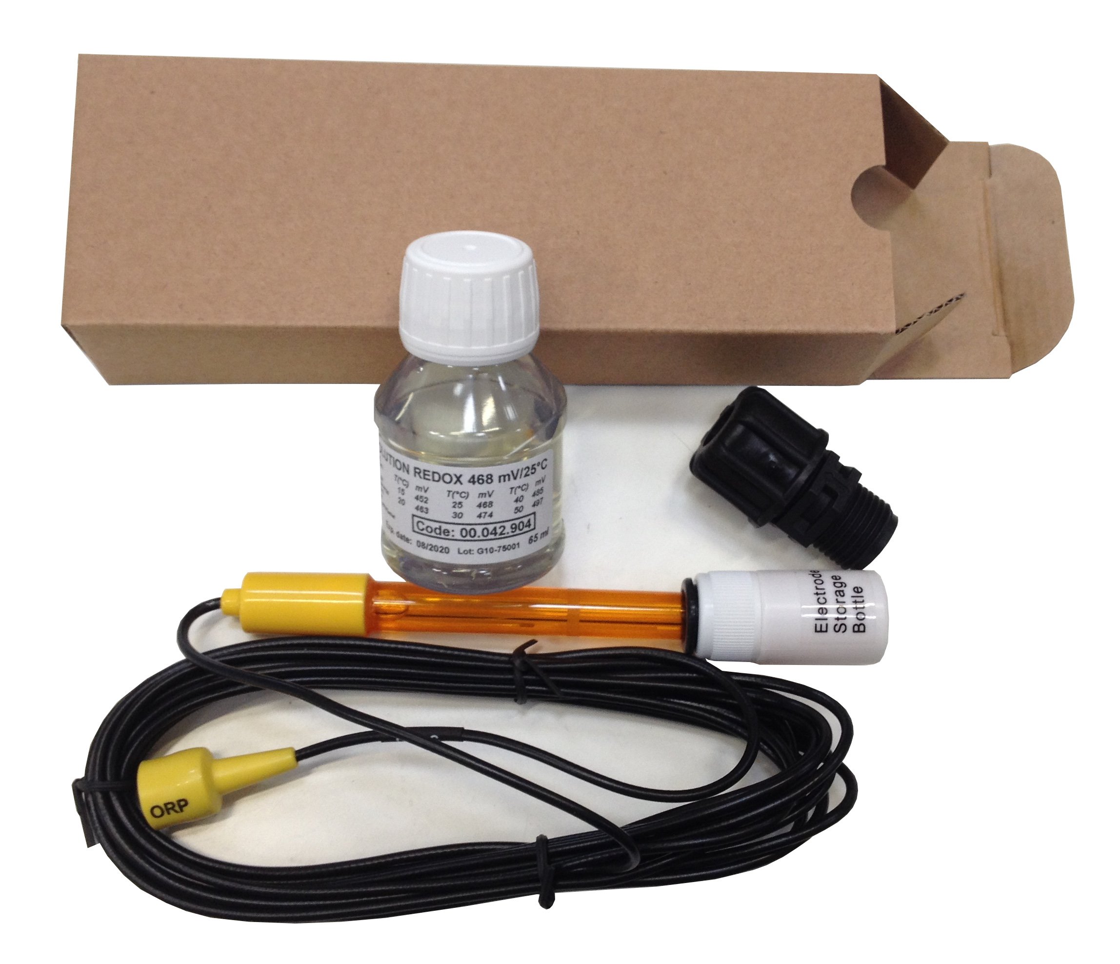 Kit de electrodo Redox (ORP) combinado con doble unión, rango medida +/- 1000 mV con solución tampón para la calibración y porta electrodo para tubería