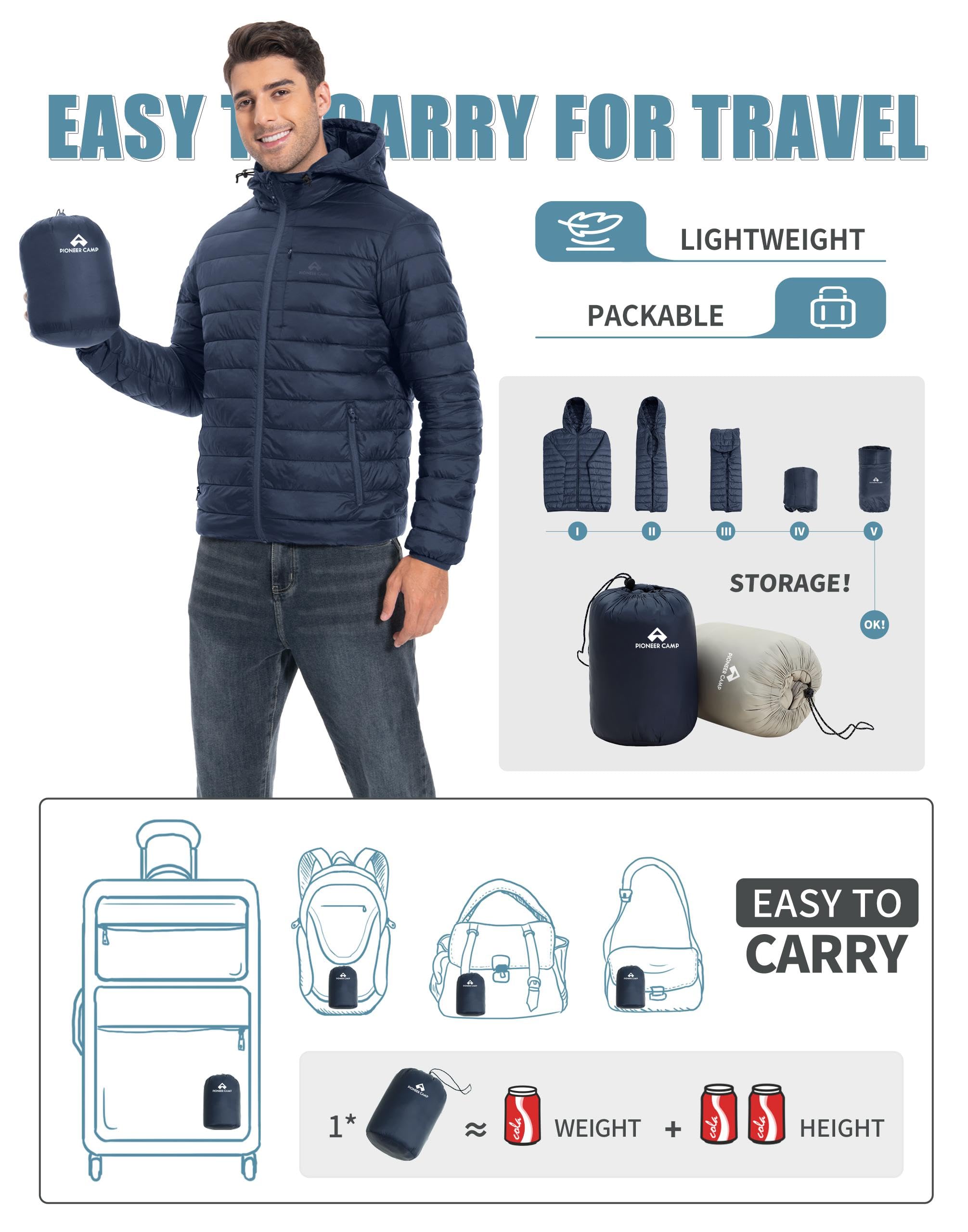 Pioneer Camp Piumino da uomo leggero, ripiegabile, con cappuccio, caldo, invernale, per sci, escursionismo, viaggi