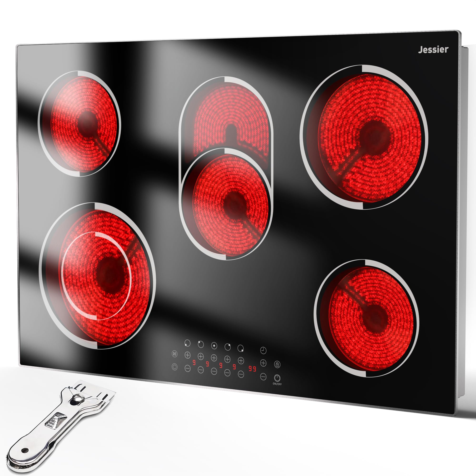 Electric Cooktop 30 Inch - 30 Inches Electric Stove 8400W, 5 Burner Ceramic Stove Top Built-in with Full Metal Frame, 99 Mins Timer, Safety Lock, Pause, Dual Ring, 220V Hard Wired (No Plug)