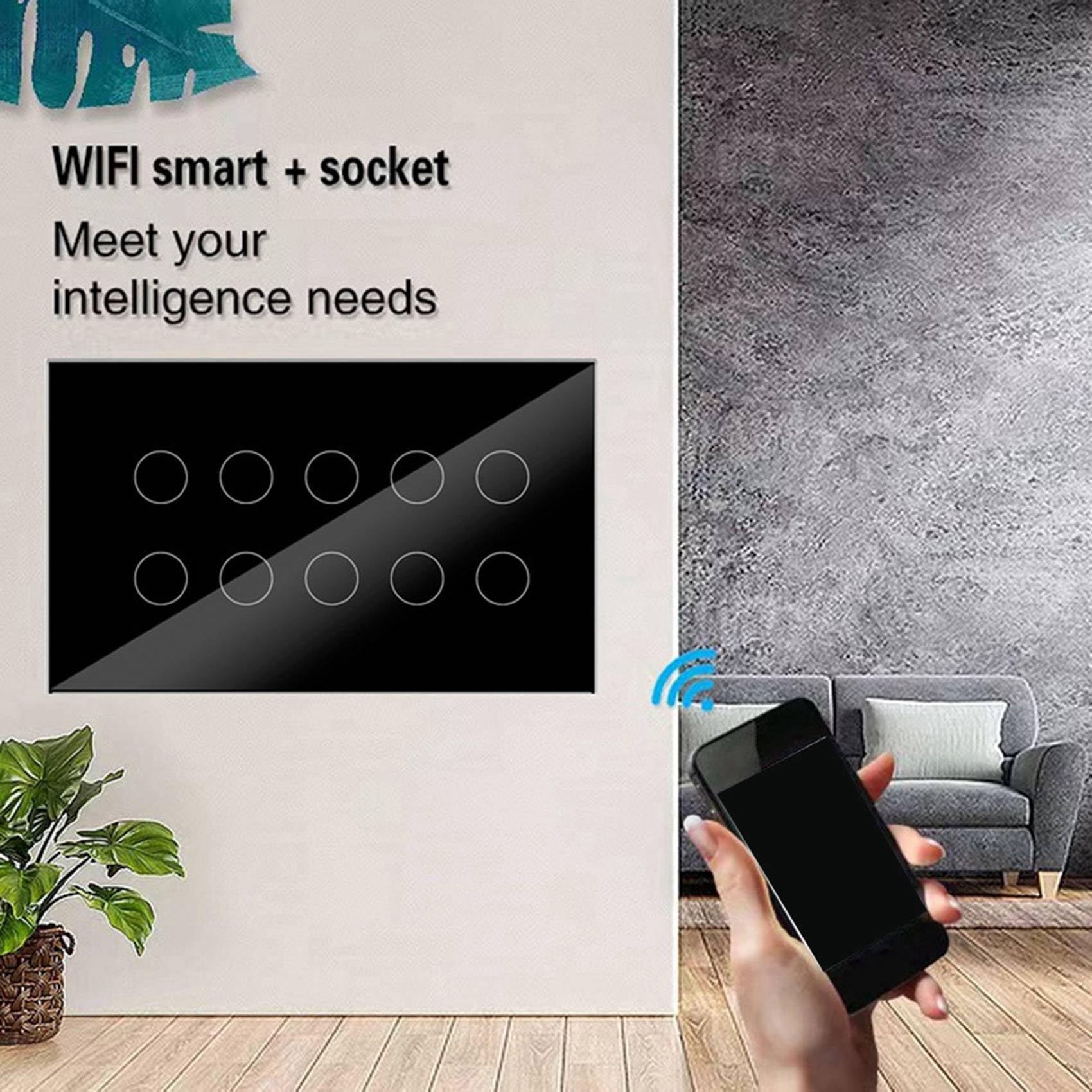 2X Interruptor de Pared con Luz TáCtil Inteligente WIFI, Panel de Cristal de 8 Entradas, Tuya Smart Life para Alexa, Home, Negro