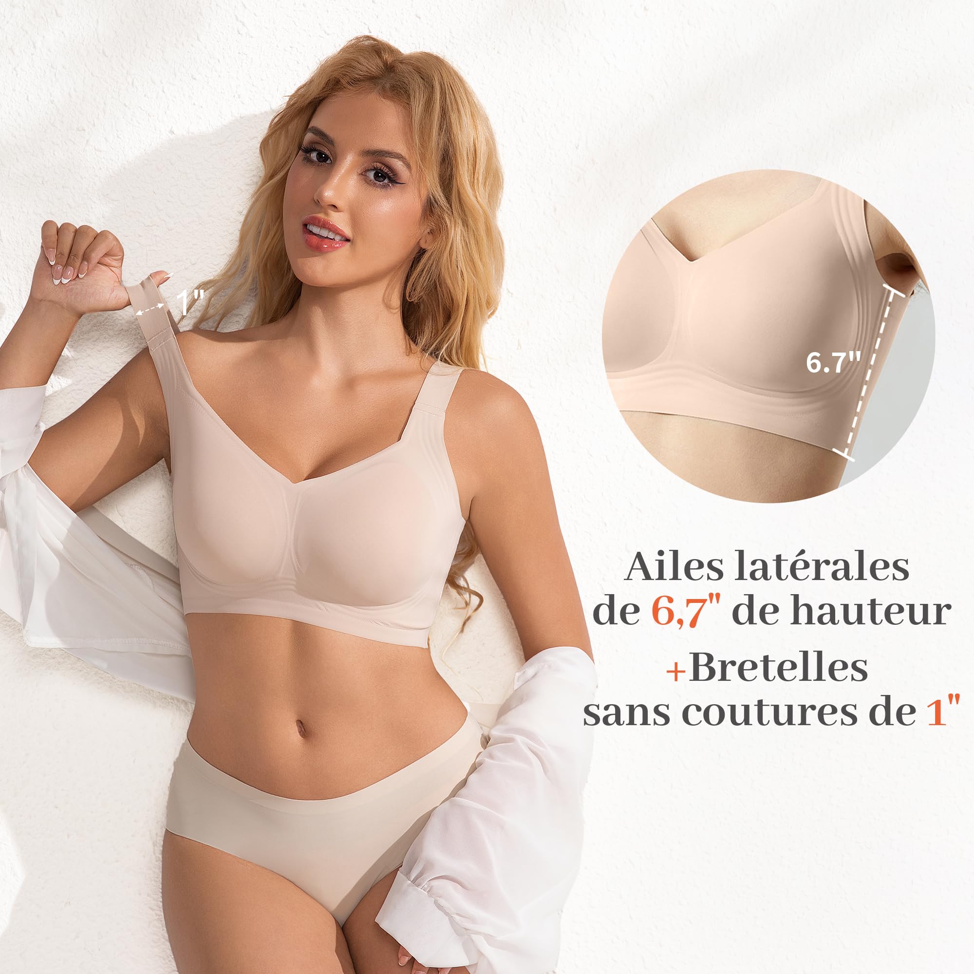 Soutien-Gorge sans Armature pour Femmes, Grande Taille sans Couture Doux, Bretelles Réglables Couverture Totale, Confort Toute la Journée et Push-up