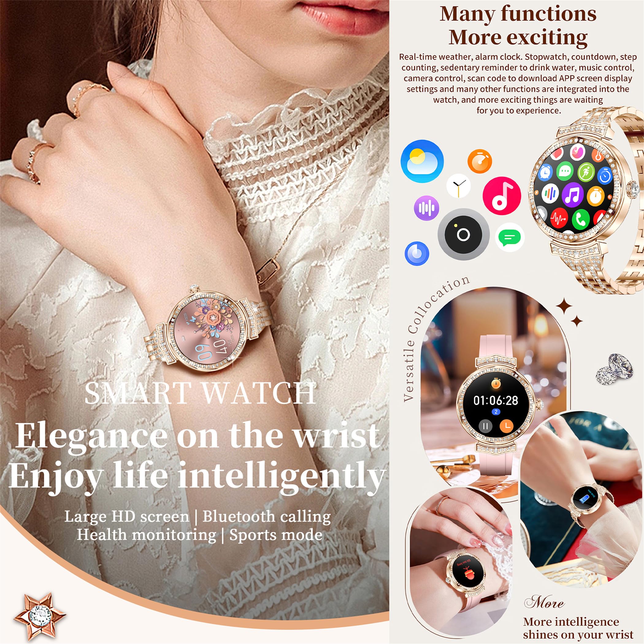Montre intelligente pour femme avec appels Bluetooth, écran tactile AMOLED de 1,32 pouces, 5 ATM, montre de fitness avec mesure de la pression artérielle SpO2, fréquence cardiaque, podomètre