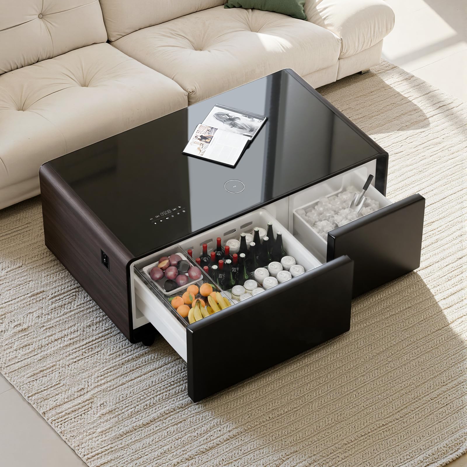 LIVTAB Smart Coffee Table, Living Room Table with Built in Fridge, 23" D x 41.5" W x 18.2" H, 15W Wireless Charging, USB Chargers and Speakers (LT90-FreezerX, Brown)