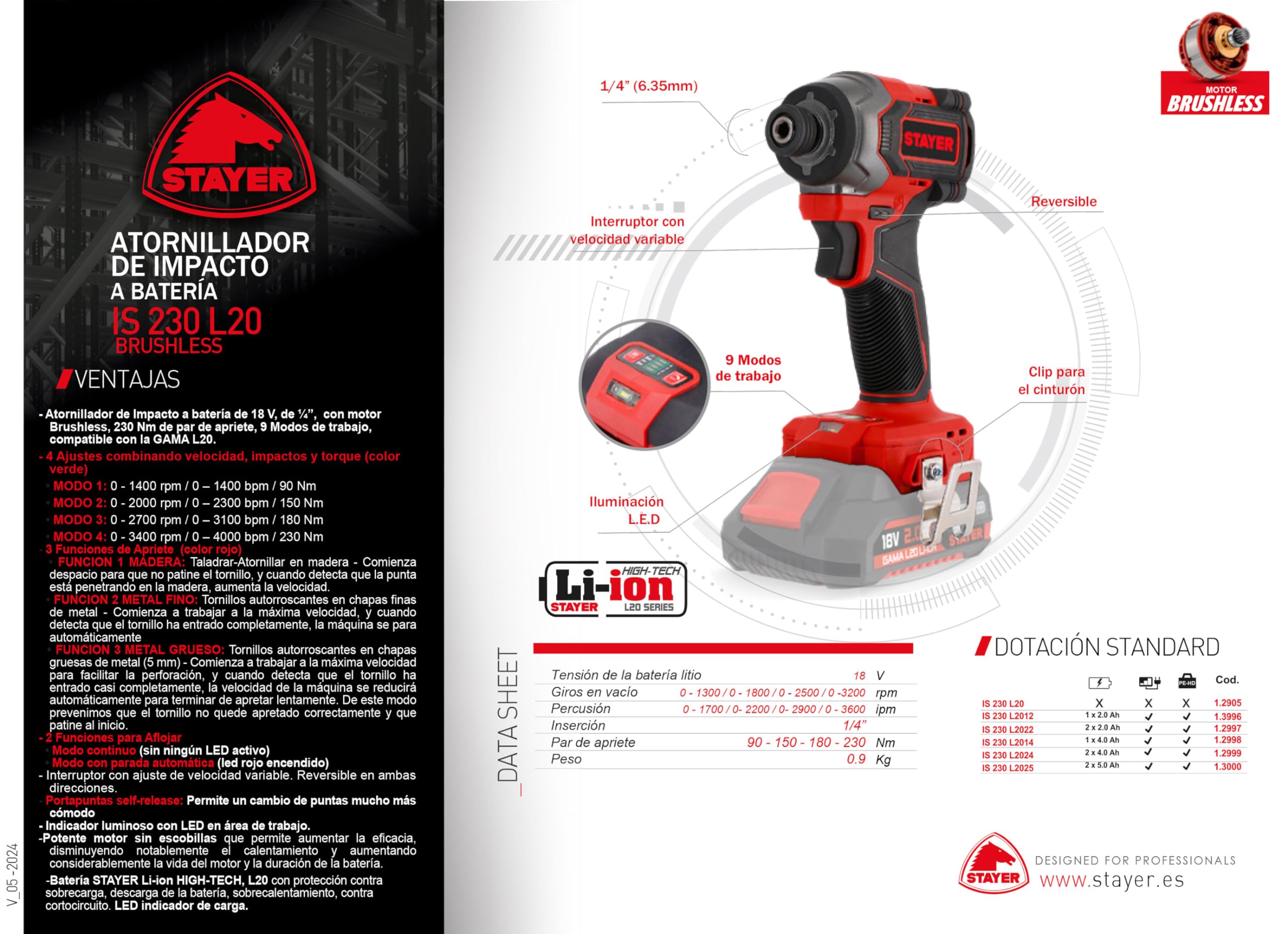 Atornillador de Impacto a batería de 18 V, IS 230 L2014, motor BRUSHLESS, 230 Nm de par de apriete, 9 Modos de trabajo, compatible con la GAMA L20. (Incluye 1 baterías de 4Ah.+ Cargador + Maletín)