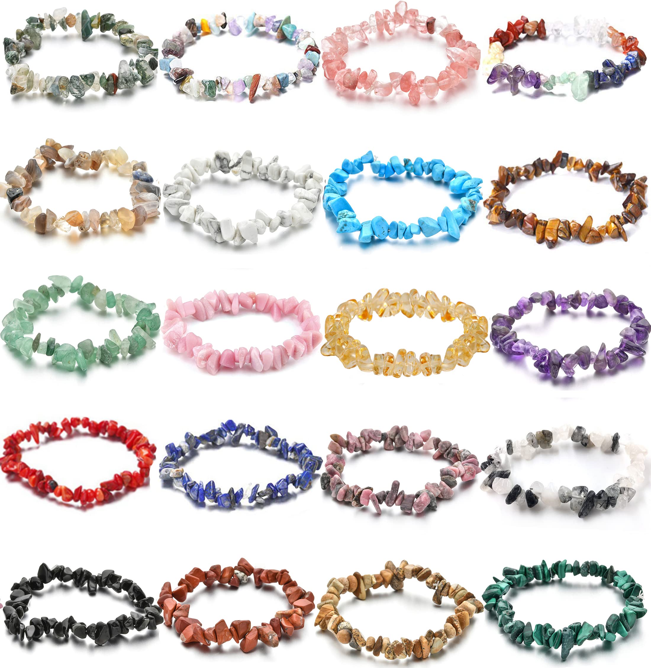 20 PCS Natural Gemstone Bracelets Chakra Crystal Irregular Chips Beads Stretch Bracelets for Women Align Chakras Promote Communication