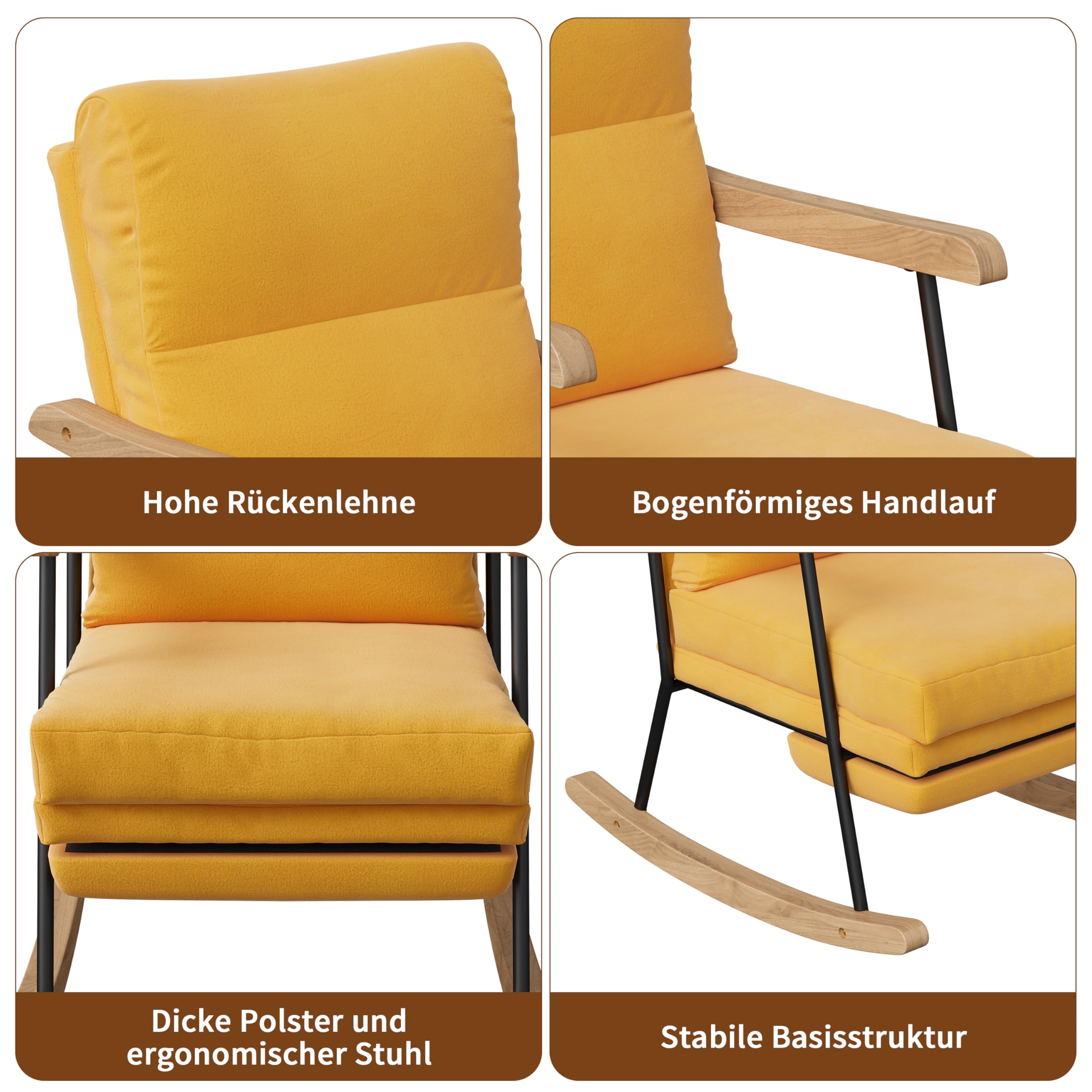 KeepGoon Chaise à Bascule, Fauteuil à Bascule avec Dossier, Repose-Pieds Coulissant, Fauteuil de Relaxation, pour Salon, Chambre à Coucher, Tissu en Coton et Lin (Jaune)