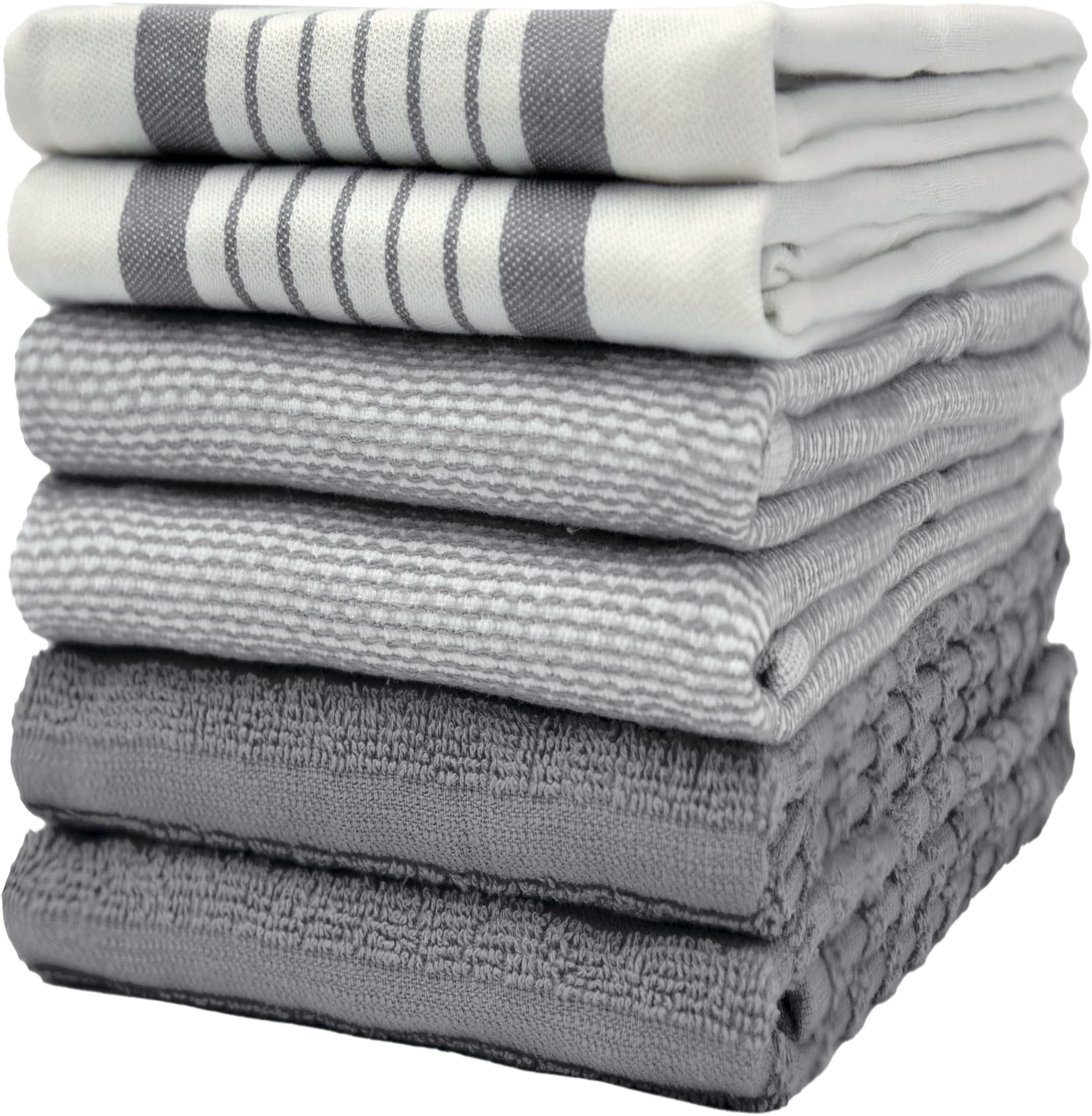 Premium Kitchen Towels (20”x 28”, 6 Pack) | Large Cotton Dish Towels | Flat & Terry Highly Absorbent Kitchen Linen Set with Hanging Loop | Grey Striped