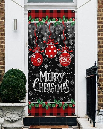 Cubierta de puerta de Navidad, bola roja de Navidad, diseño de búfalo rojo nieve, cartel de Feliz Navidad, decoraciones de Navidad, cubierta de