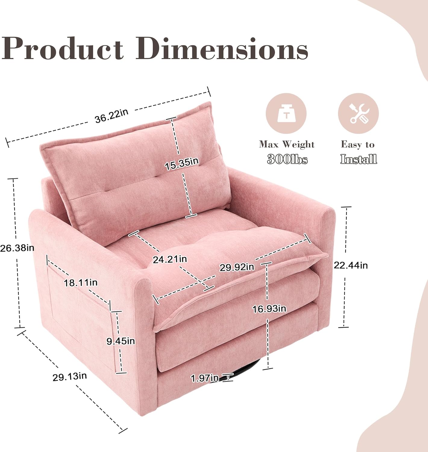 Swivel Barrel Chair – Mid Century Modern Accent Chair with Thick Padded Armrests & Solid Metal Base, Comfortable Single Sofa for Living Room and Bedroom (Pink)