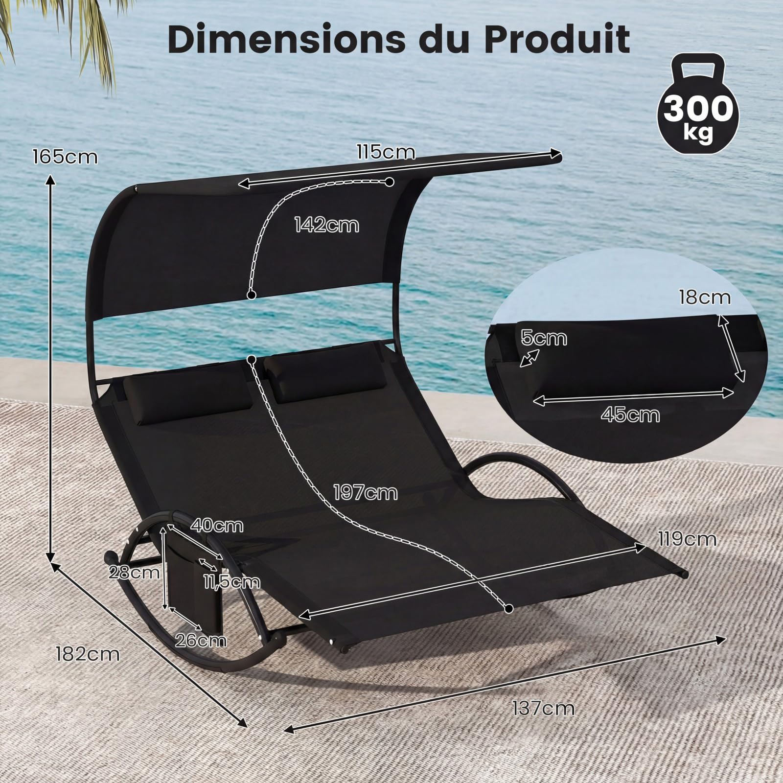 COSTWAY Chaise Longue Extérieur à Bascule, Transat à Bascule pour 2 Personnes, Lit de Repos 2 Places avec Auvent Pare-Soleil et 2 Oreillers Amovibles, Cadre en Métal Robuste, Charge 300 KG (Noir)