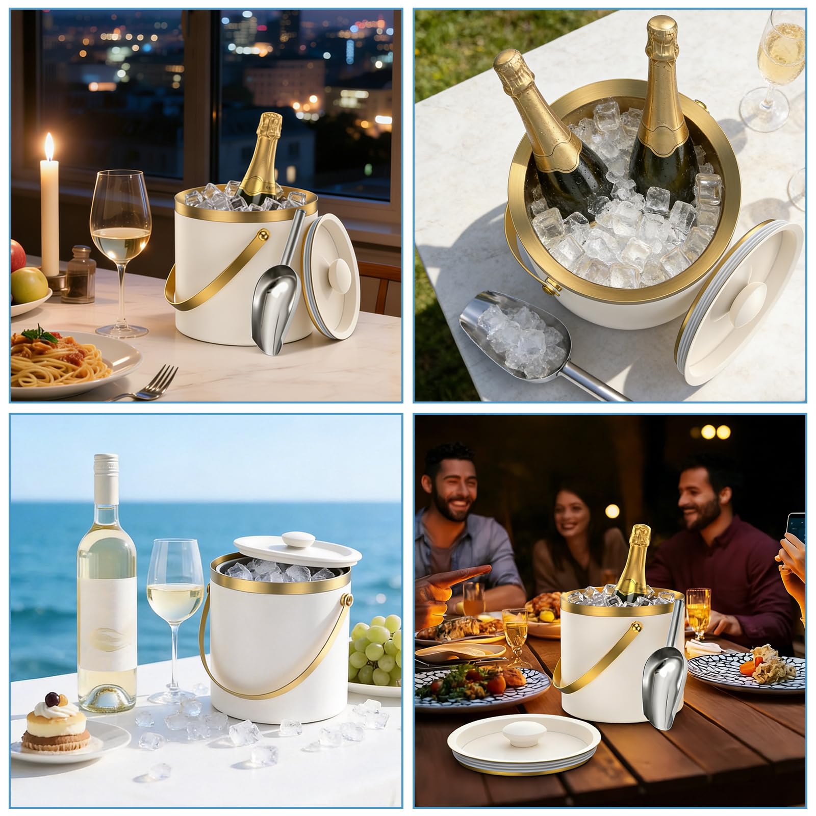 Seau à glaçons en acier inoxydable de 3 l, seau à glace avec couvercle et pelle, double paroi sans BPA, idéal pour refroidir la bière, le champagne et le vin (blanc/doré)