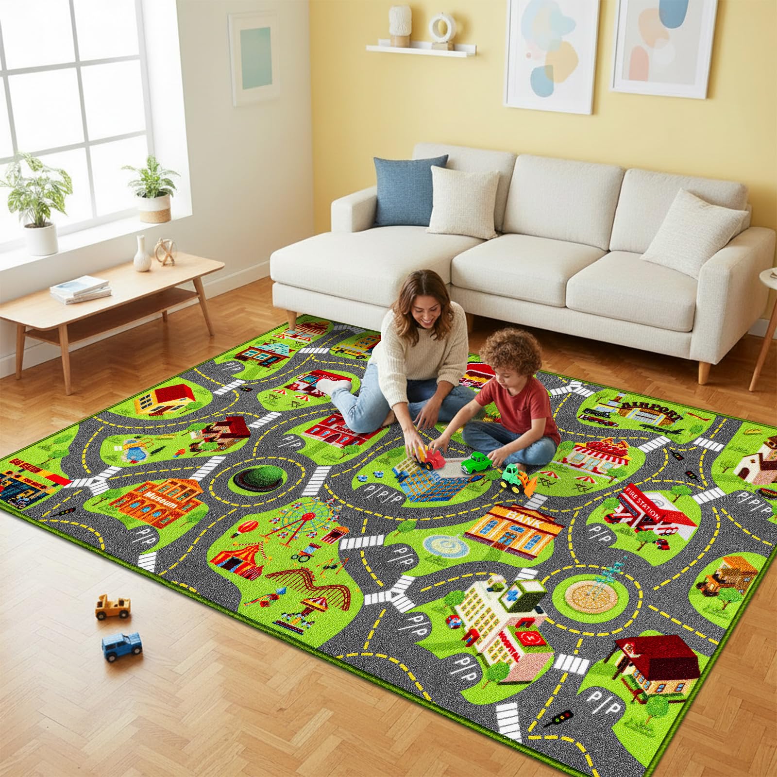 Spielteppich Kinder – Autoteppich mit Straßenmotiv, rutschfeste Spielmatte für Autos & Lastwagen, Kinderteppich für Spielzimmer, Schlafzimmer, Straßenteppich für Jun (Straßenszene, 200X120 CM)