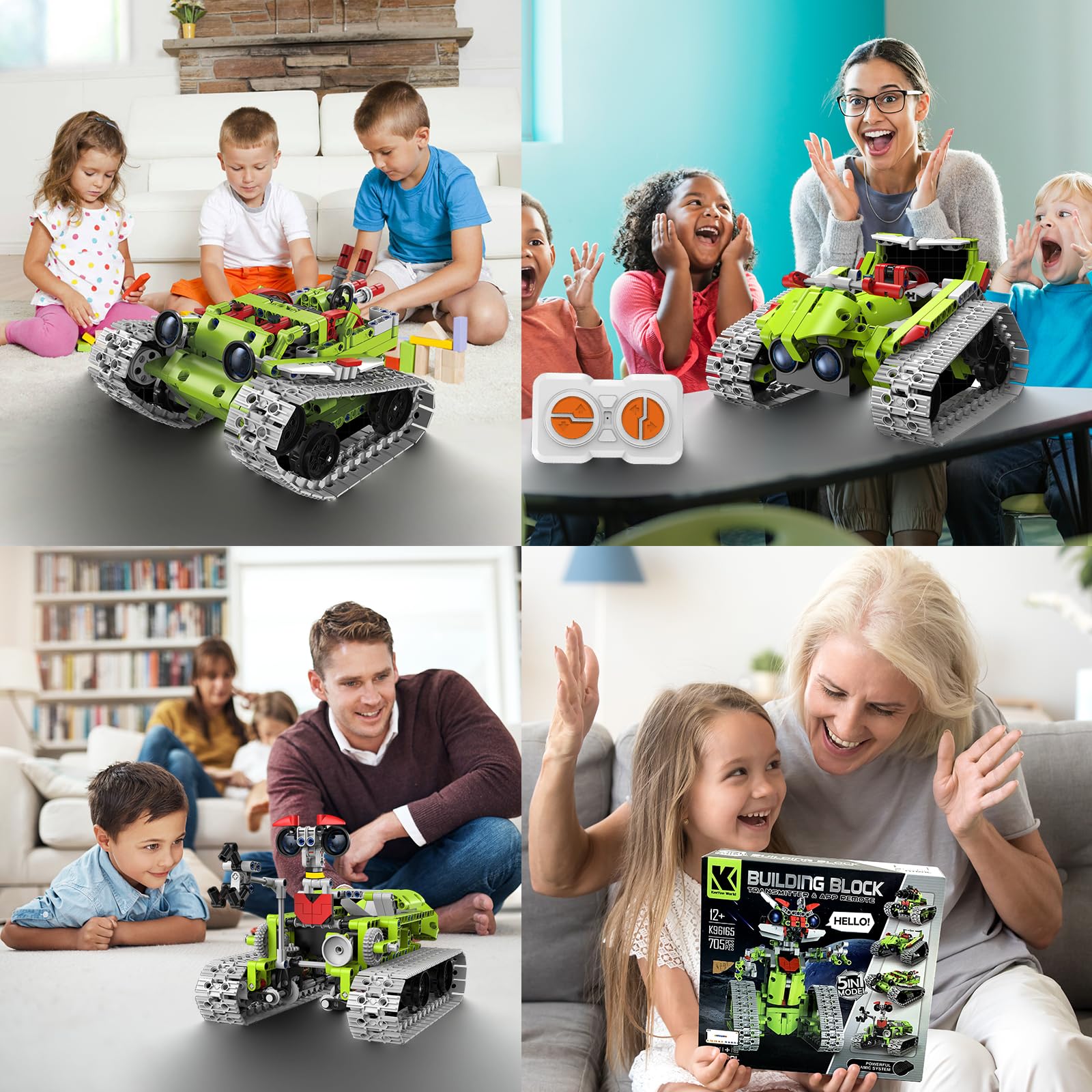 Kit di costruzione robot 5 in 1 per bambini, set di blocchi educativi STEM, robot da costruzione con telecomando e controllo tramite app/corridore tracciato/carro armato/bulldozer, giocattoli da