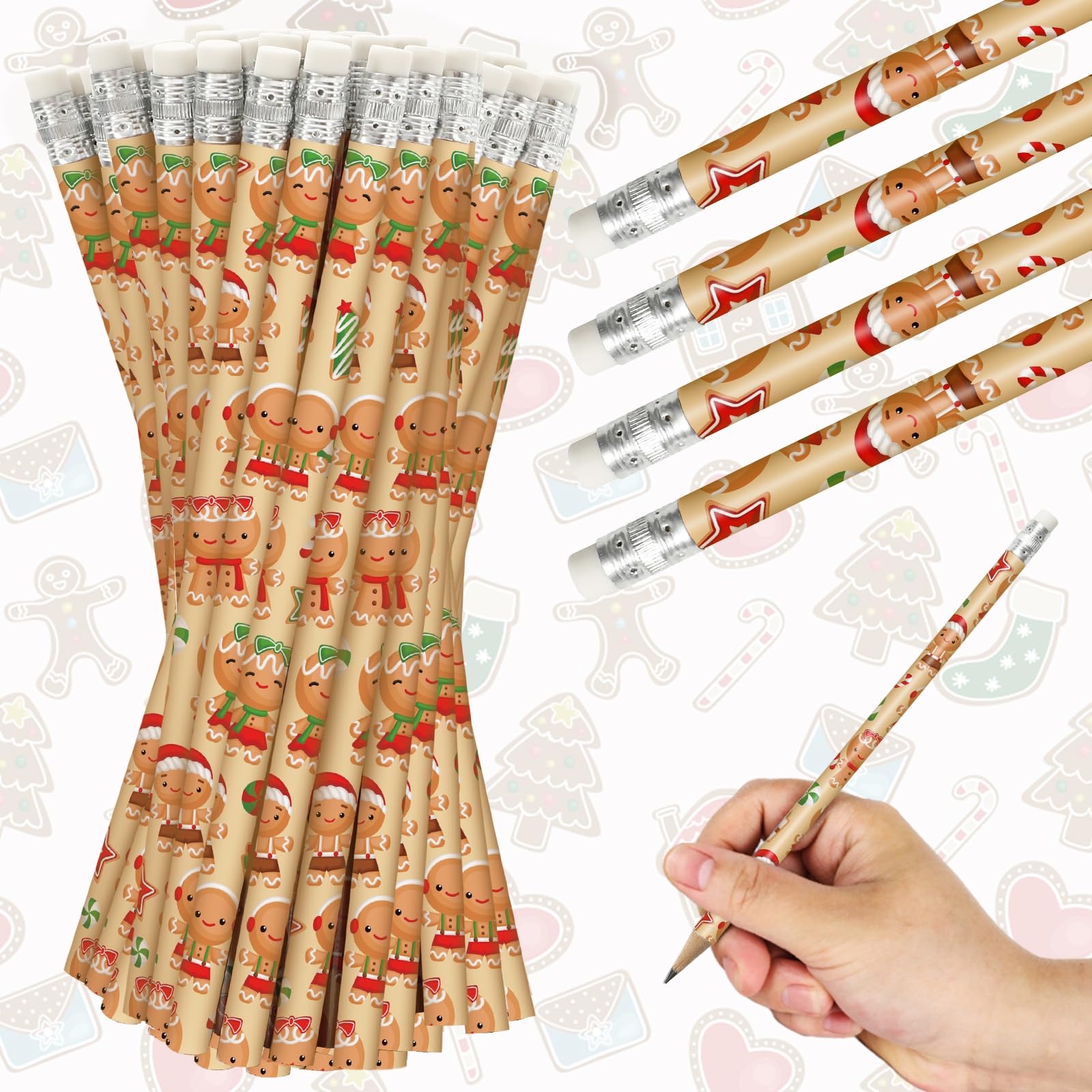 Whaline 36Pcs Christmas Pencils with Erasers Cute Gingerbread Man Writing Pencil Cartoon Christmas Wood Pencils for Winter Xmas Stationery Gift Party