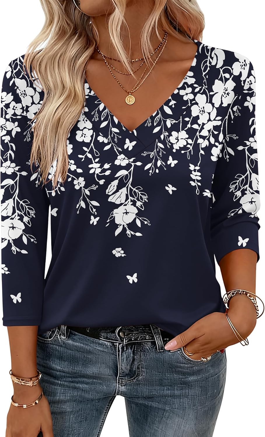 Zeagoo 3/4 Length Sleeve Womens Tops V Neck Shirt Dressy Casual Blouse Basic Tshirts 2026 Fashion Clothing S-2XL