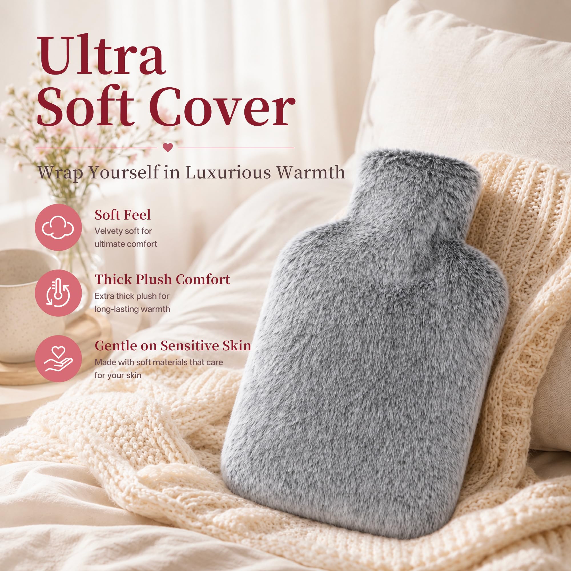 Luxury Hot Water Bottle - Gray with Faux Fur -5