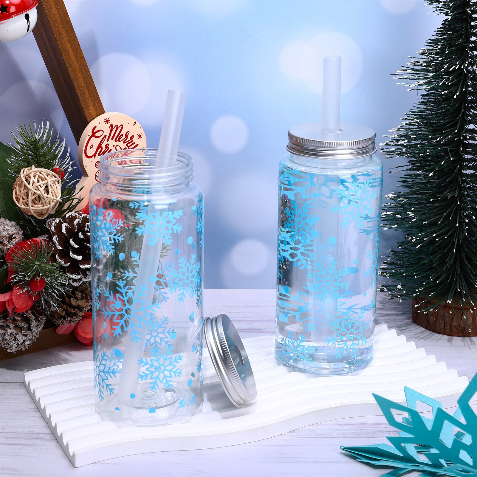 Whaline 20 bicchieri di plastica con fiocco di neve blu invernale con coperchi e cannucce, riutilizzabili, per feste di Natale, forniture per feste di Natale