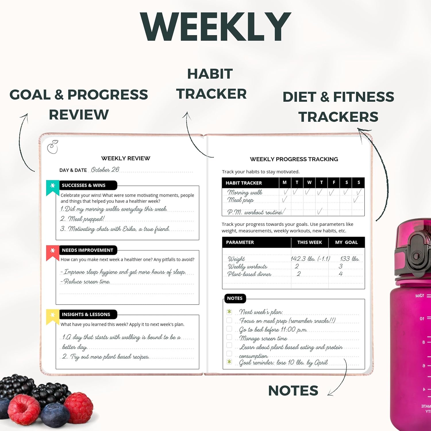 Life & Apples Wellness Planner - Food Journal and Fitness Diary with Daily Gratitude and Meal Planner for Healthy Living and Self-Care - Track Weight Loss Diet and Health Goals - Undated, Rose Gold - Image 3