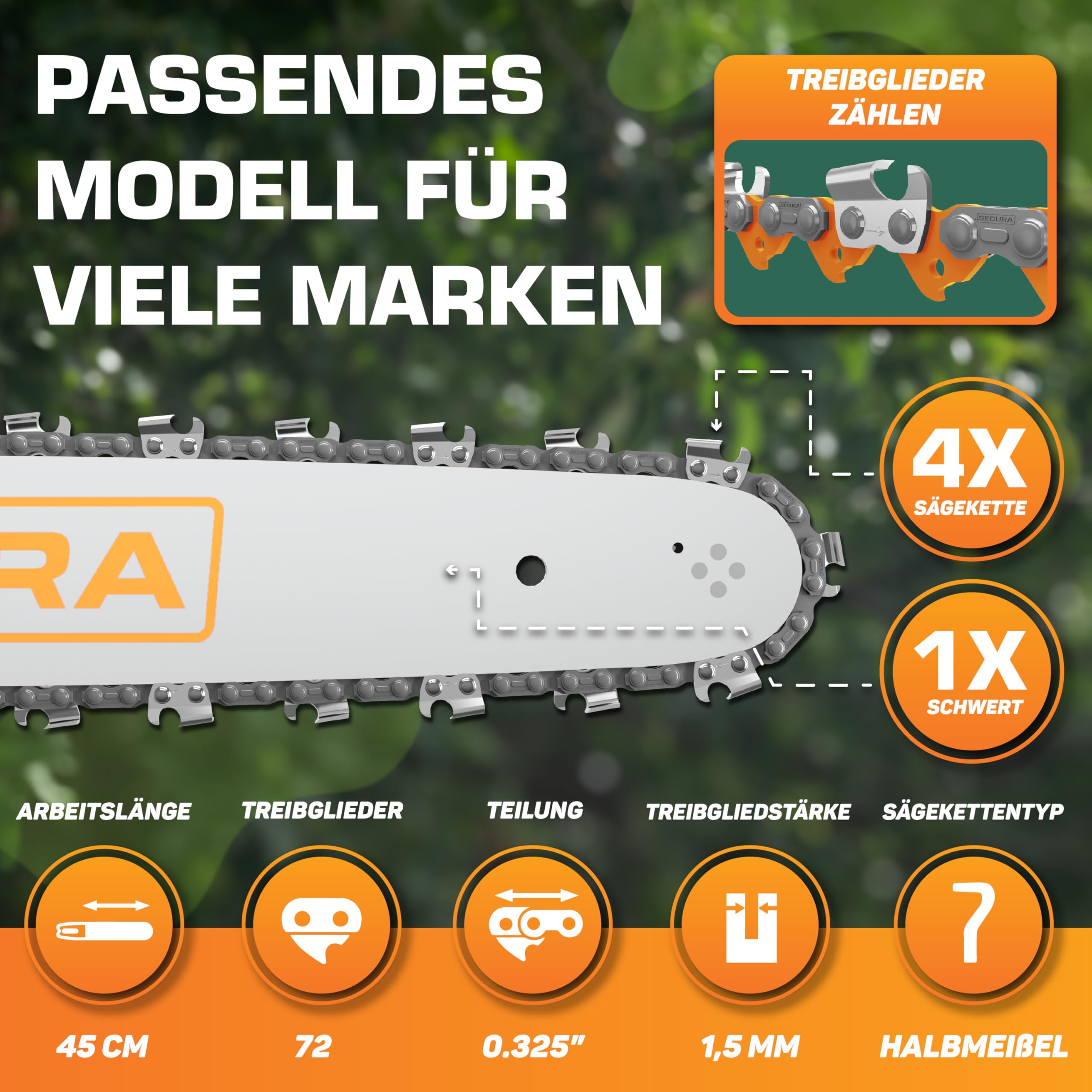 SECURA 4x Sägekette + Schwert 0.325' 1,5mm 72 | 45cm Arbeitslänge | kompatibel mit Dolmar Husqvarna Makita