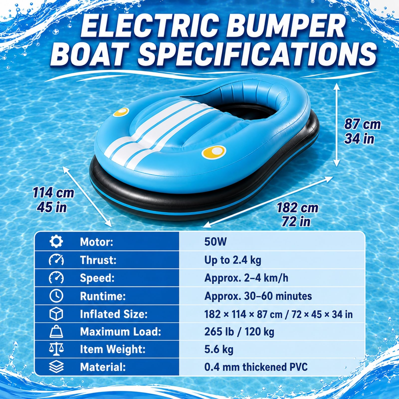 Bateau Auto-Tamponneur Électrique Gonflable et Flotteur Motorisé Adulte | Bouée Tamponneuse à Moteur 50W avec Rotation 360°, Joystick, Capacité 120kg, Pompe Sans Fil et 2 Batteries