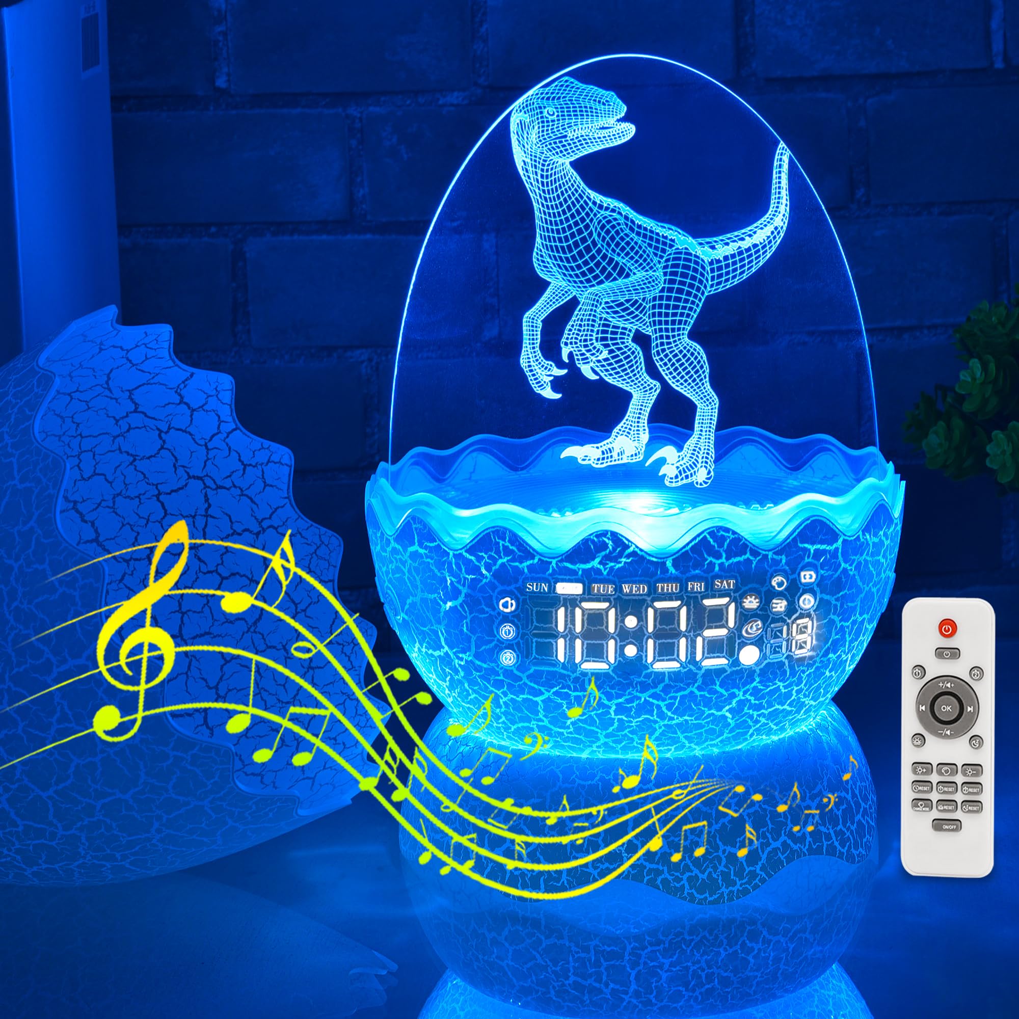 Dinosaur Egg Kids Clock | Alarm Clock | Colors Night Light | Lullaby Sound Machine |Bluetooth Speaker, Remote Control Cool Dinosaur Decoration & Unique Gift for Kids/Boys/Girls