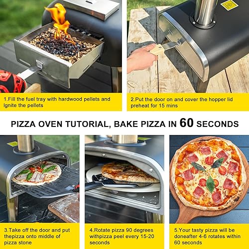 Miniatura 3 de Horno de pizza para exteriores, horno de pizza de pellets de madera de 12 pulgadas con piedra de pizza redonda giratoria, portátil, con termómetro