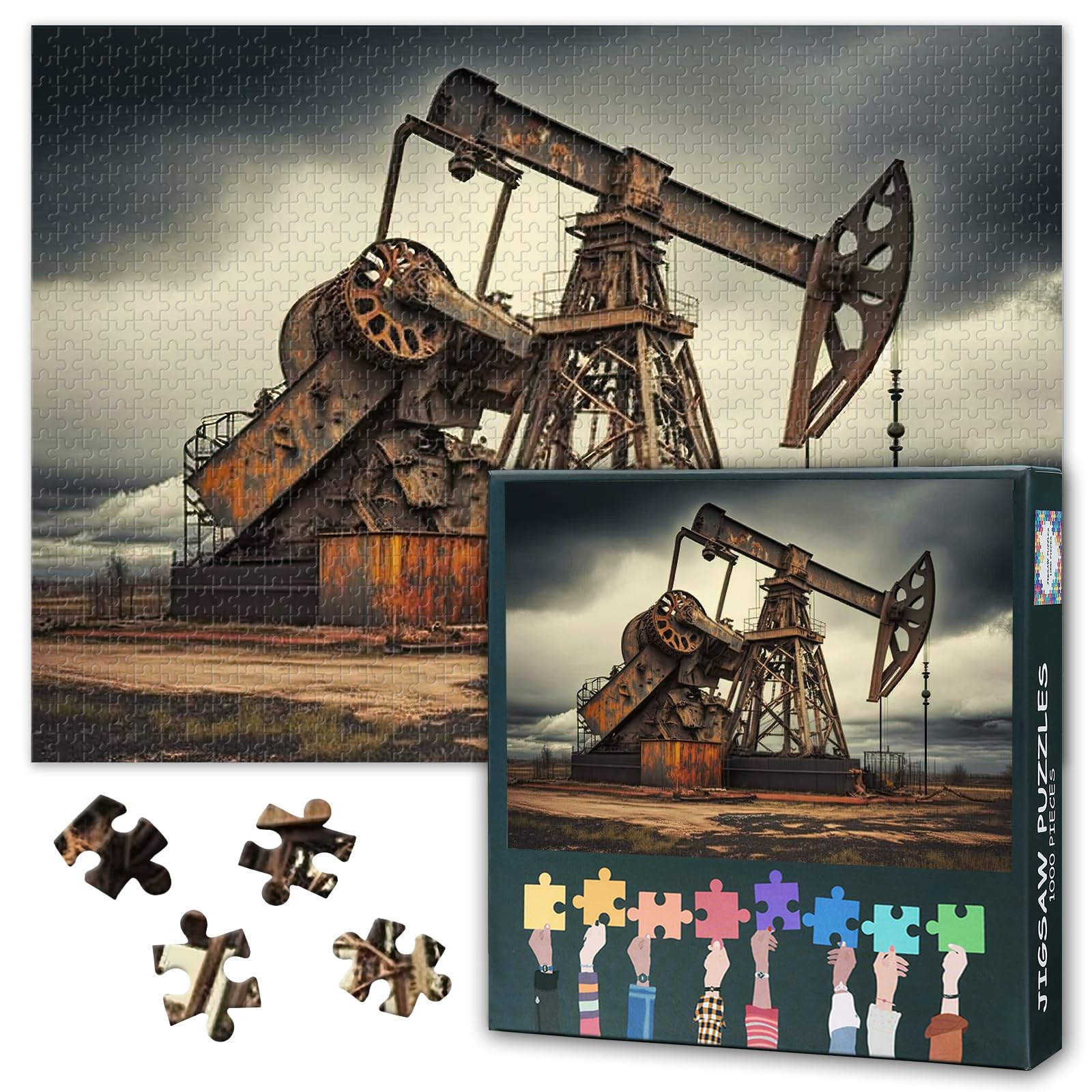 Jigsaw Puzzle 1000 Piece Set for Adults Oil Drilling Derricks in Desert Fossil Fuel Production Industrial Energy Scene Wall Art 27.5x19.7 Inch