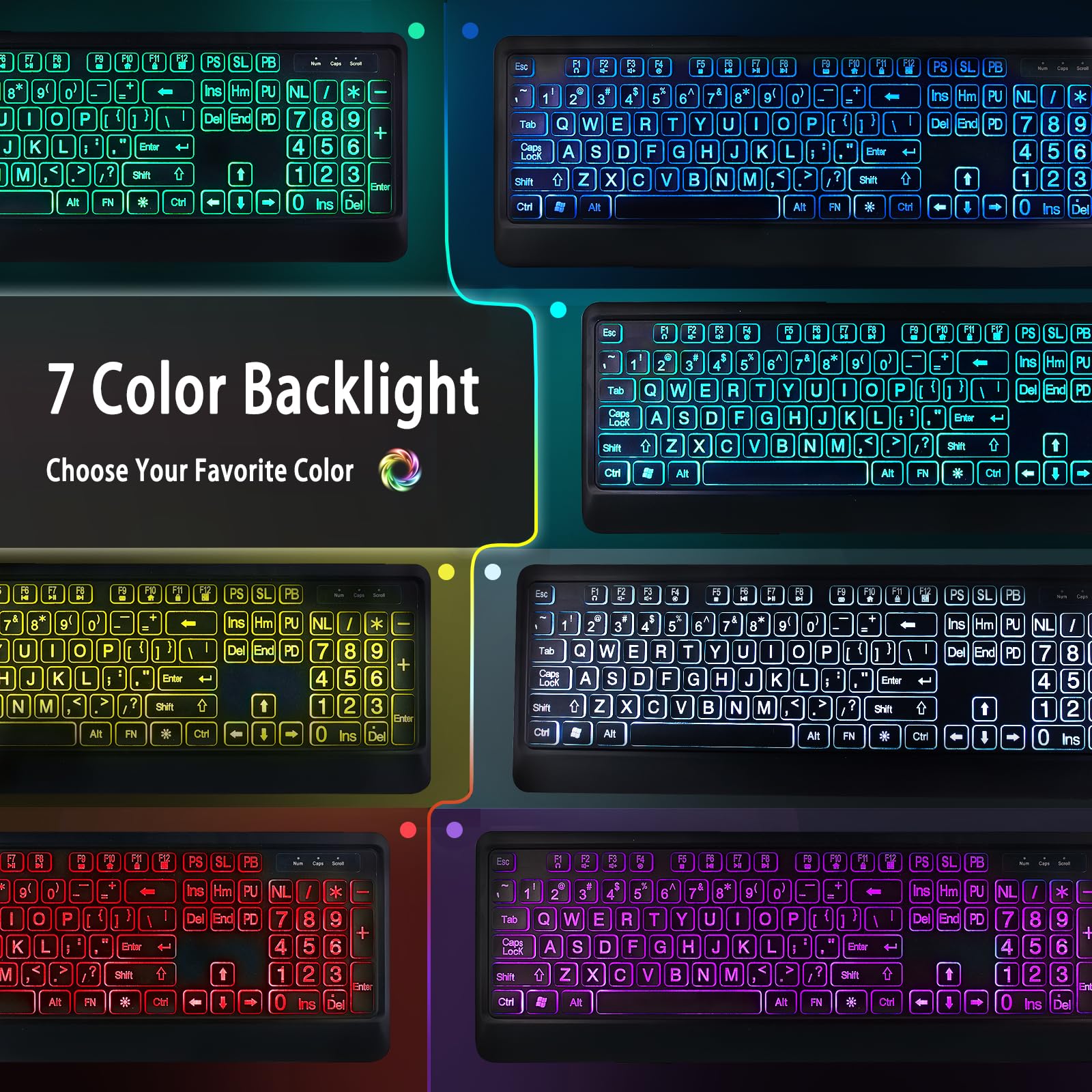 Large Print Backlit Keyboard, Wired Lighted Computer Keyboards with 7-Color Backlight, Light Up Oversize Letter Keys, Foldable Stands, USB Quiet Keyboard for PC, Windows, Laptop (Colorful Backlit)