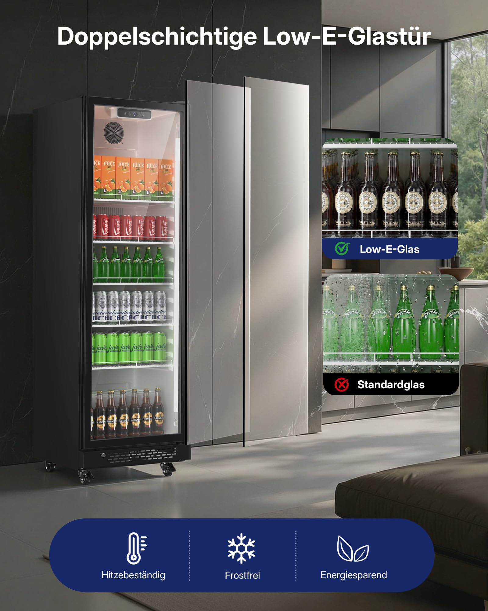 Upstreman 345L Getränkekühlschrank mit Glastür, LED-Beleuchtung, höhenverstellbaren Regalen, Sicherheitsschloss, Lenkrollen, D345 Schwarz