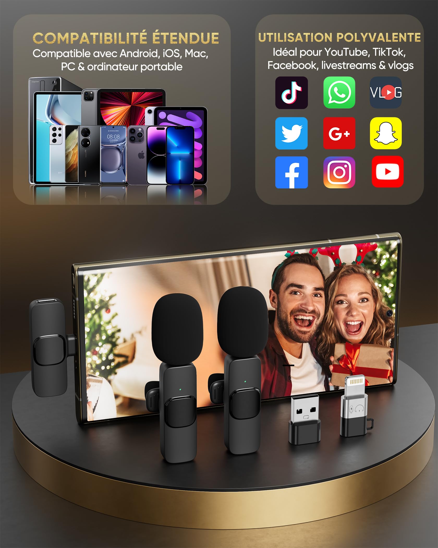 Micro Cravate sans Fil pour iPhone/iPad/Téléphone Android/Ordinateur Portable, IUMAKEVP Plug-Play Microphone à Clipser Revers avec Réduction du Bruit pour Enregistrement Vidéo/Vapeur en Direct(2 Mics)