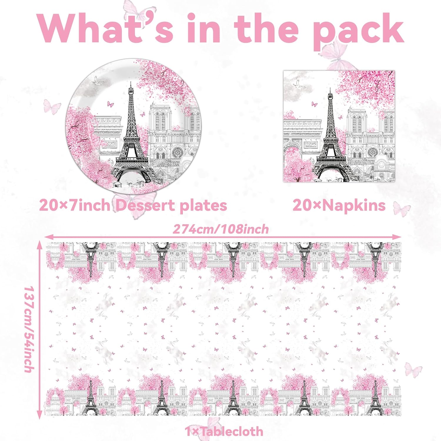 ZOIIWA Paris Themed Party Decorations Eiffel Tower Birthday Paper Plates and Napkins Tableware Set Pink Disposable Tablecloth for Baby Shower Decor Paris Party Supplies