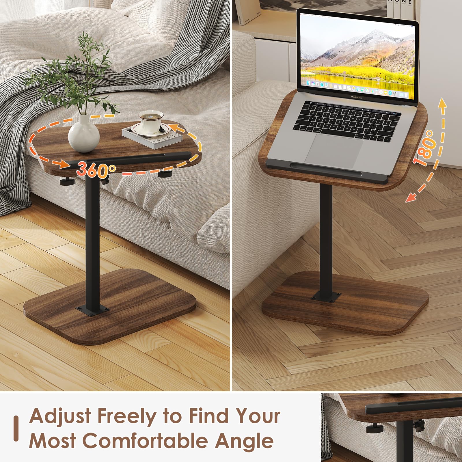 Sofa Couch Arm Table Tv Tray Small Bed Stand C Shaped Side End Tables for Living Room, Bedroom, Bedside Walnut