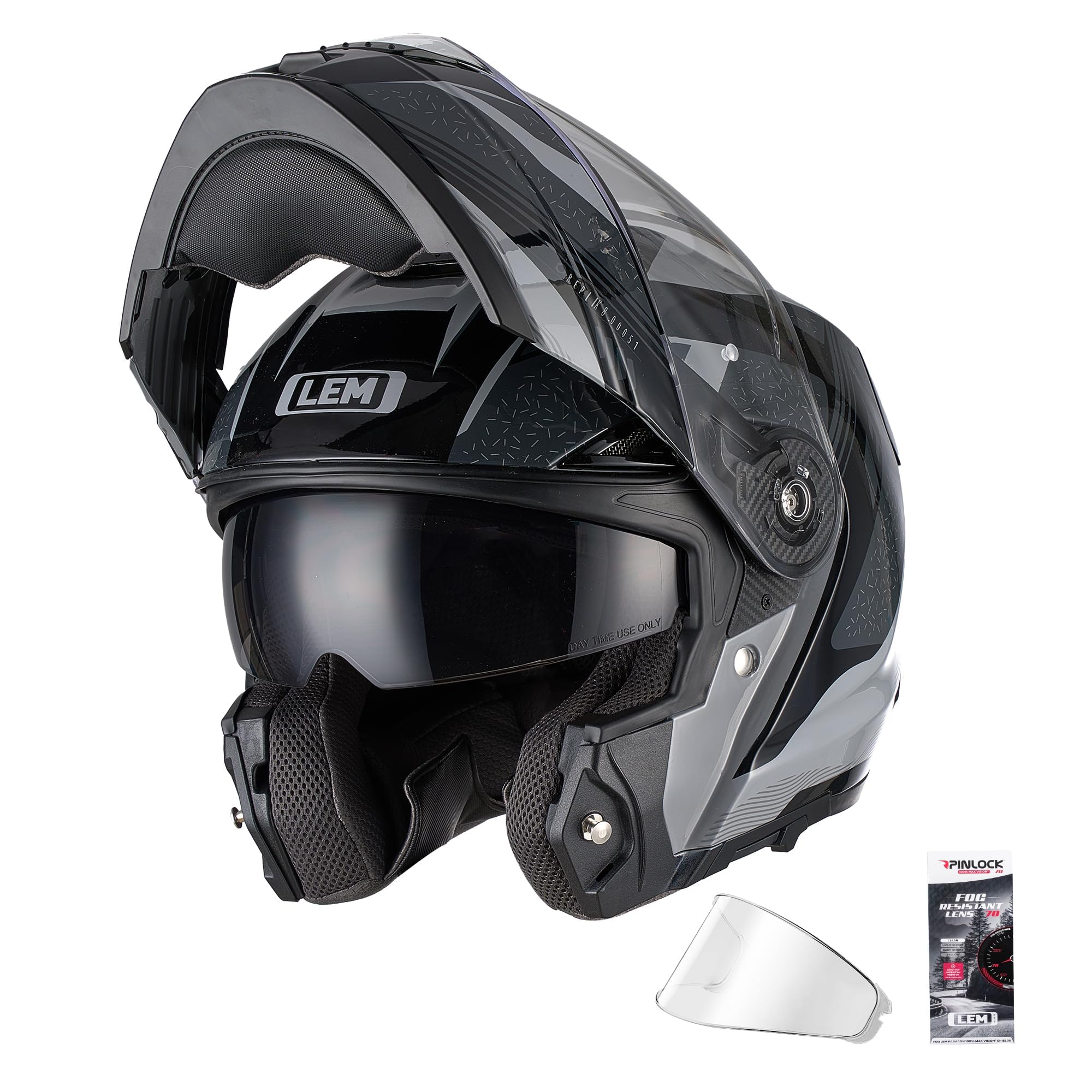 Photo 1 of LEM Modular Motorcycle Helmets Fiberglass, Full Face Motorcycle Helmet Flip Up for Touring, DOT Certified, Release Sun Visor & Removable Comfort Liner, Lightweight Street Bike Helmet (Grey/Black,L)