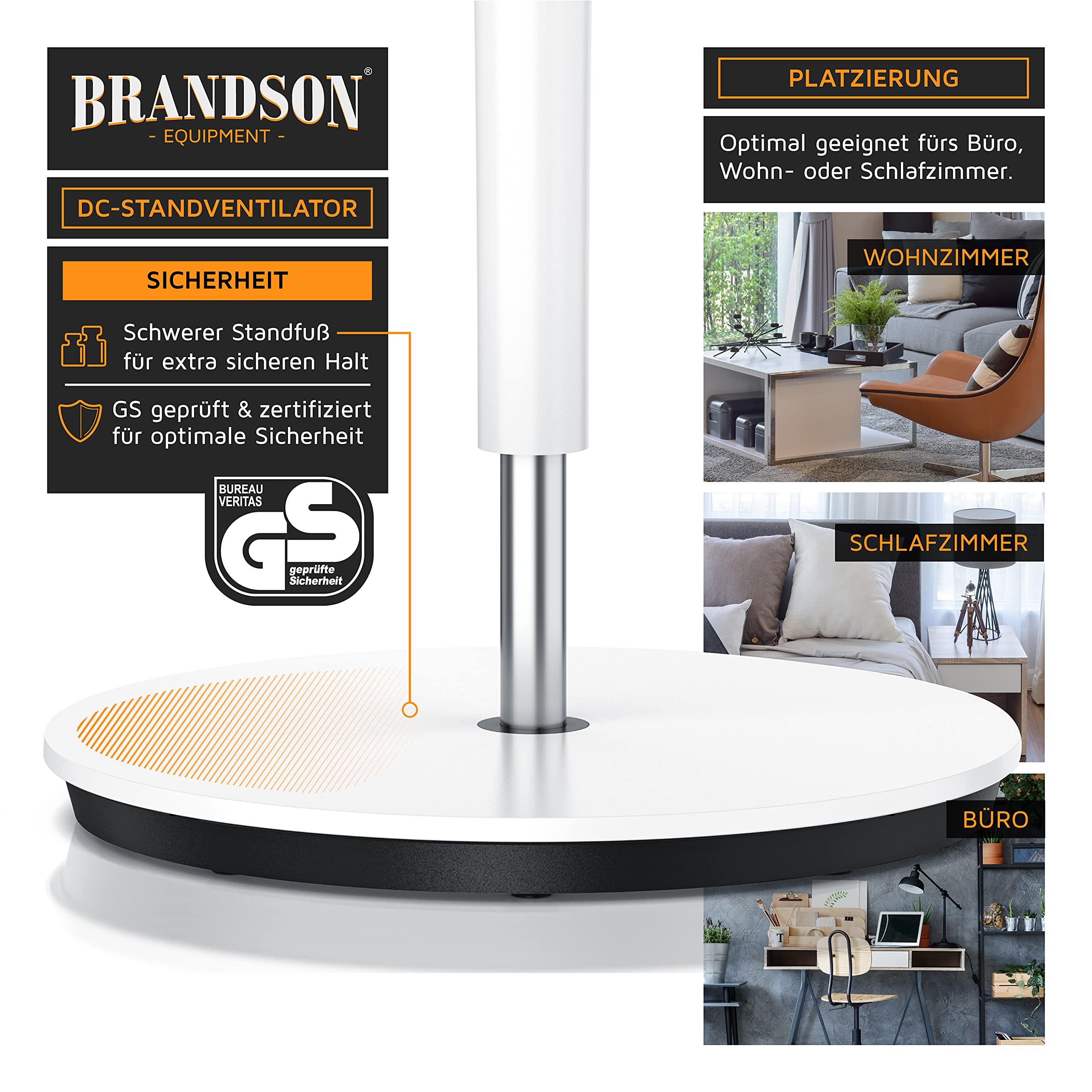 Brandson - DC Standventilator energiesparend ECO - Sieger Ventilatoren 2026 - Fernbedienung - Brushless Silent Motor - sehr leise – Oszilation 60° 90° 120° - 12 Stufen - Turbo Modus - weiß