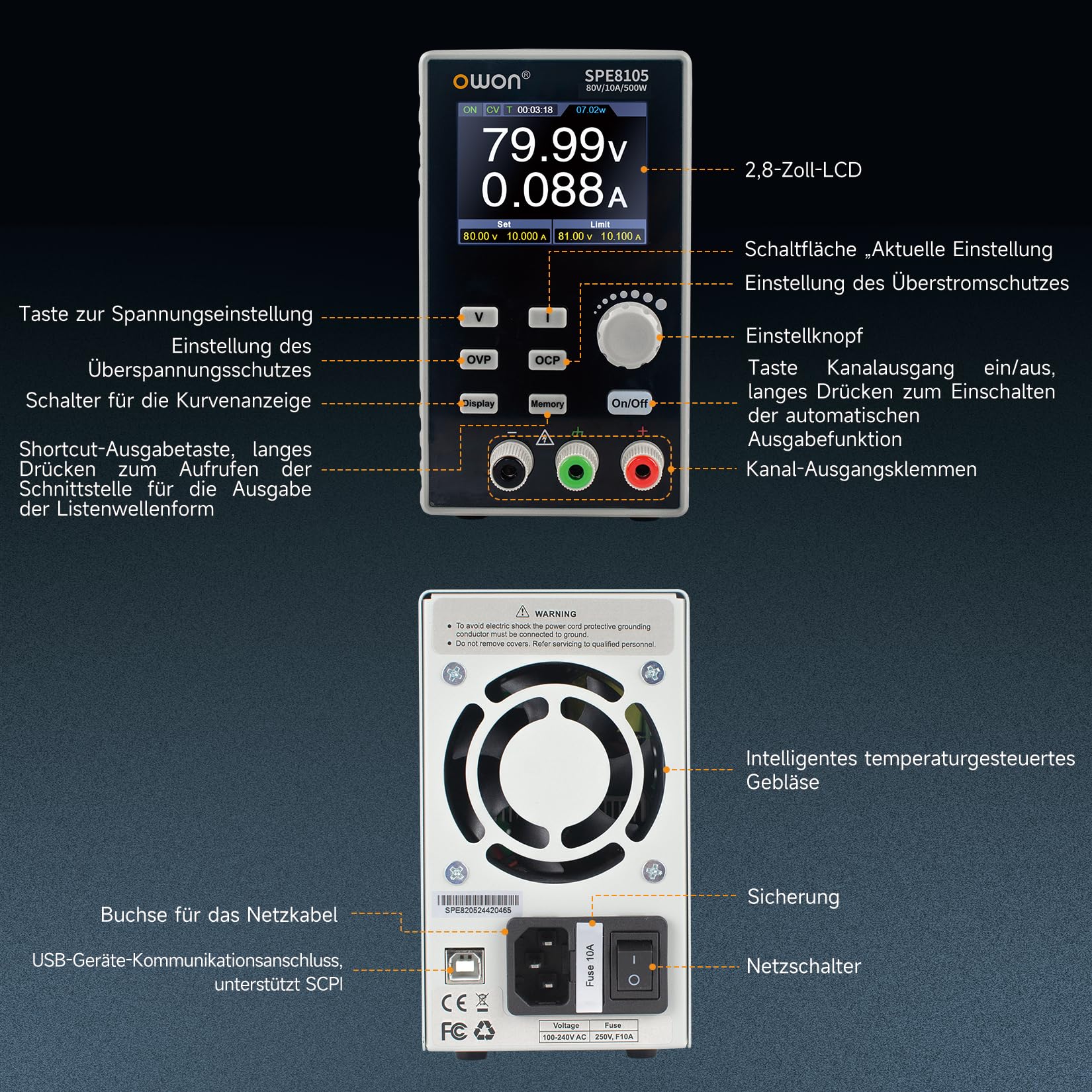 OWON Labornetzteil (0–80 V, 0–10 A), programmierbares DC-Netzteil mit max. 500 W Ausgangsleistung, 2,8-Zoll-LCD-Display und Ausgangs-Aktivierungs-/Deaktivierungstaste SPE8105