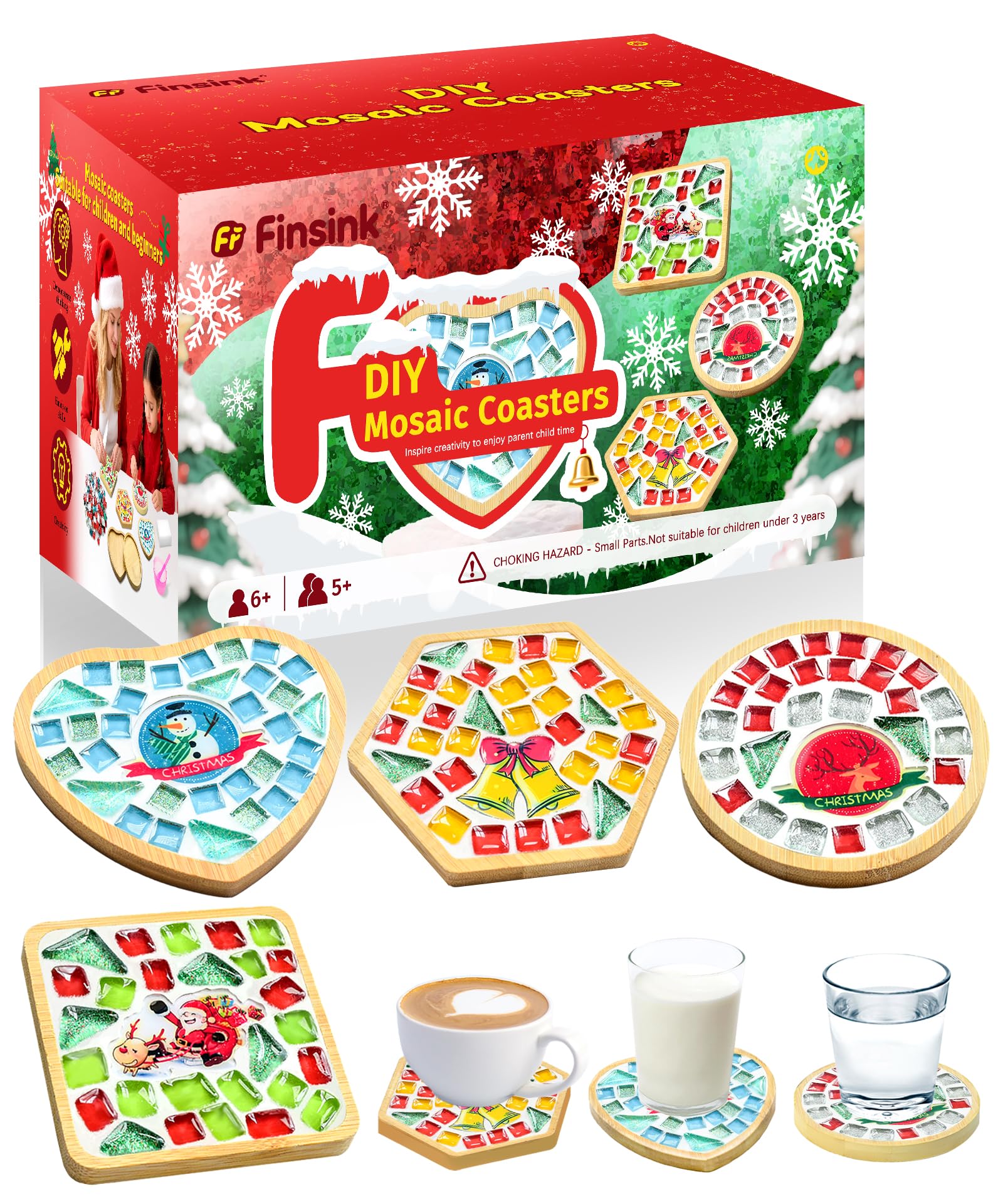 Finsink Mosaik bastelset kinder 4pcs Weihnachten Mosaik Untersetzer Bastelset DIY Holz Untersetzer Set Mosaiksteine zum basteln set Geburtstagsgeschenke für Kinder