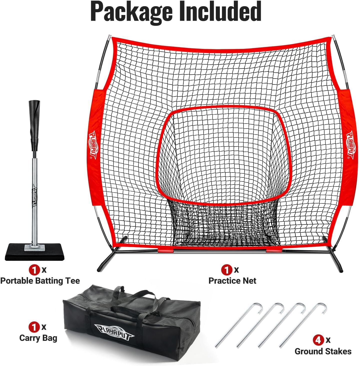 PLAYAPUT Baseball Batting Tee and Practice Net Combo for Batting, Hitting, Pitching,Throwing,6FT Baseball Net with Large Pocket Holds 50+Balls,Height Adjustable 25" to 37" Hitting Tee for All Players