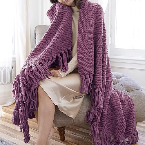 Miniatura 4 de Manta para sofá, funda de sofá suave de punto texturizado, manta de tweed morado con borlas de flecos para decoración del hogar, cama, sofá, silla,