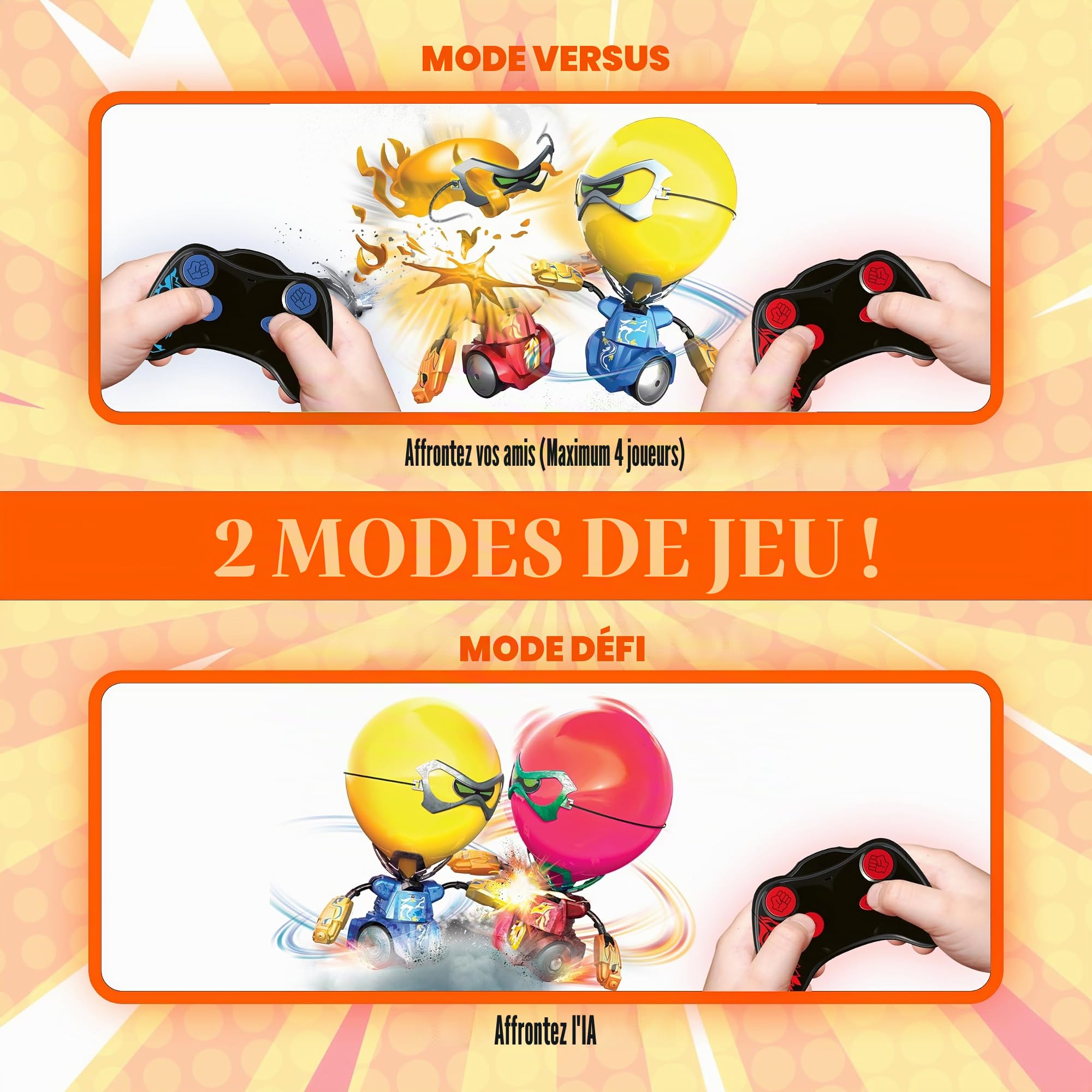 YCOO Pack 2 Robots Kombat Ballon Télécommandé 14cm, Coloris aléatoire, Explose la Tête de ton Adversaire, Jouet avec Effets sonores Et Lumineux, Dès 5 ans