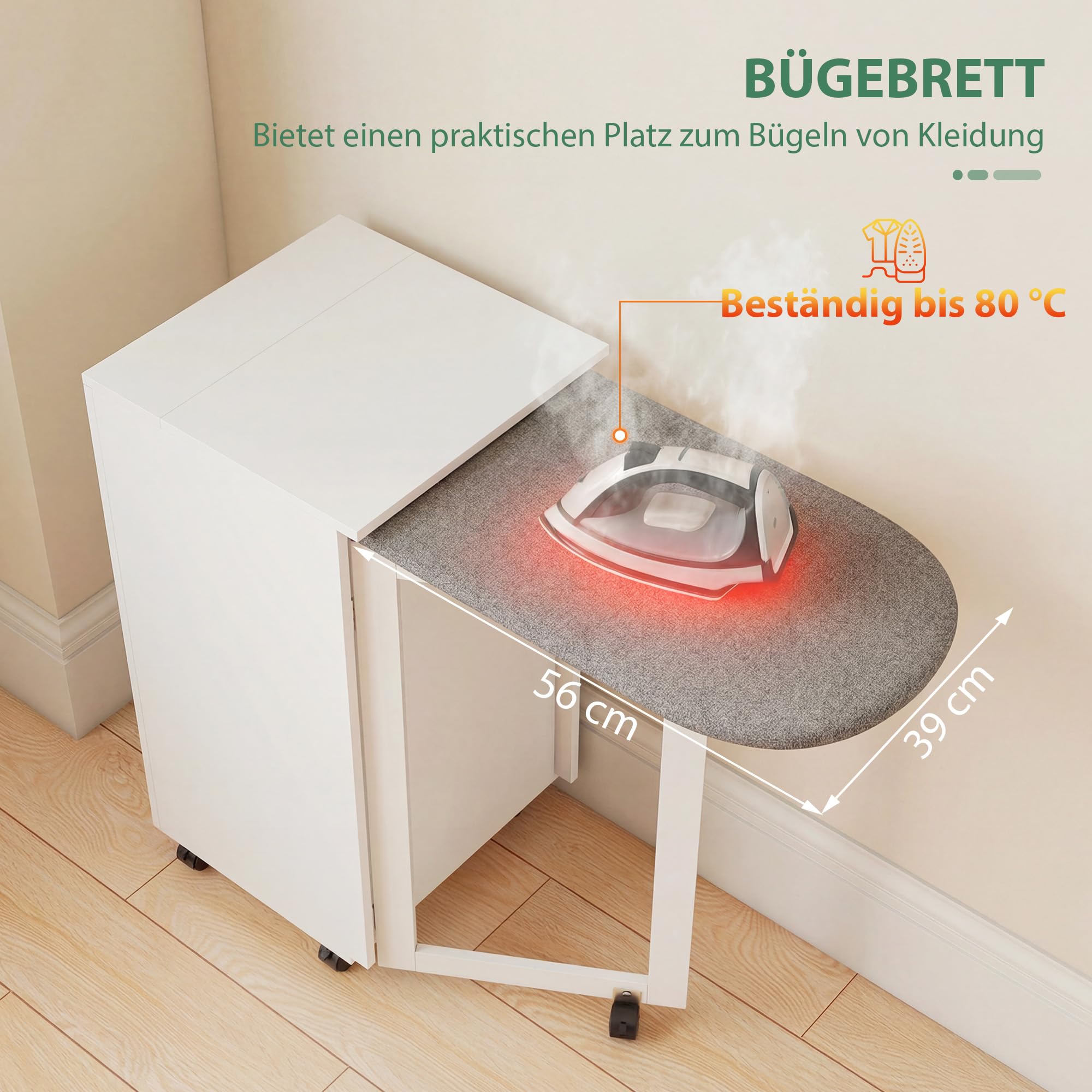 HOMCOM Faltbarer Bügelbrettschrank mit 2 Türen 99,5 x 43 x 83 cm Weiß | Verstellbare Regale, Klappbarer Bügeltisch, Rollen, Aufbewahrung, Soft-Close-Scharniere, für Waschküche