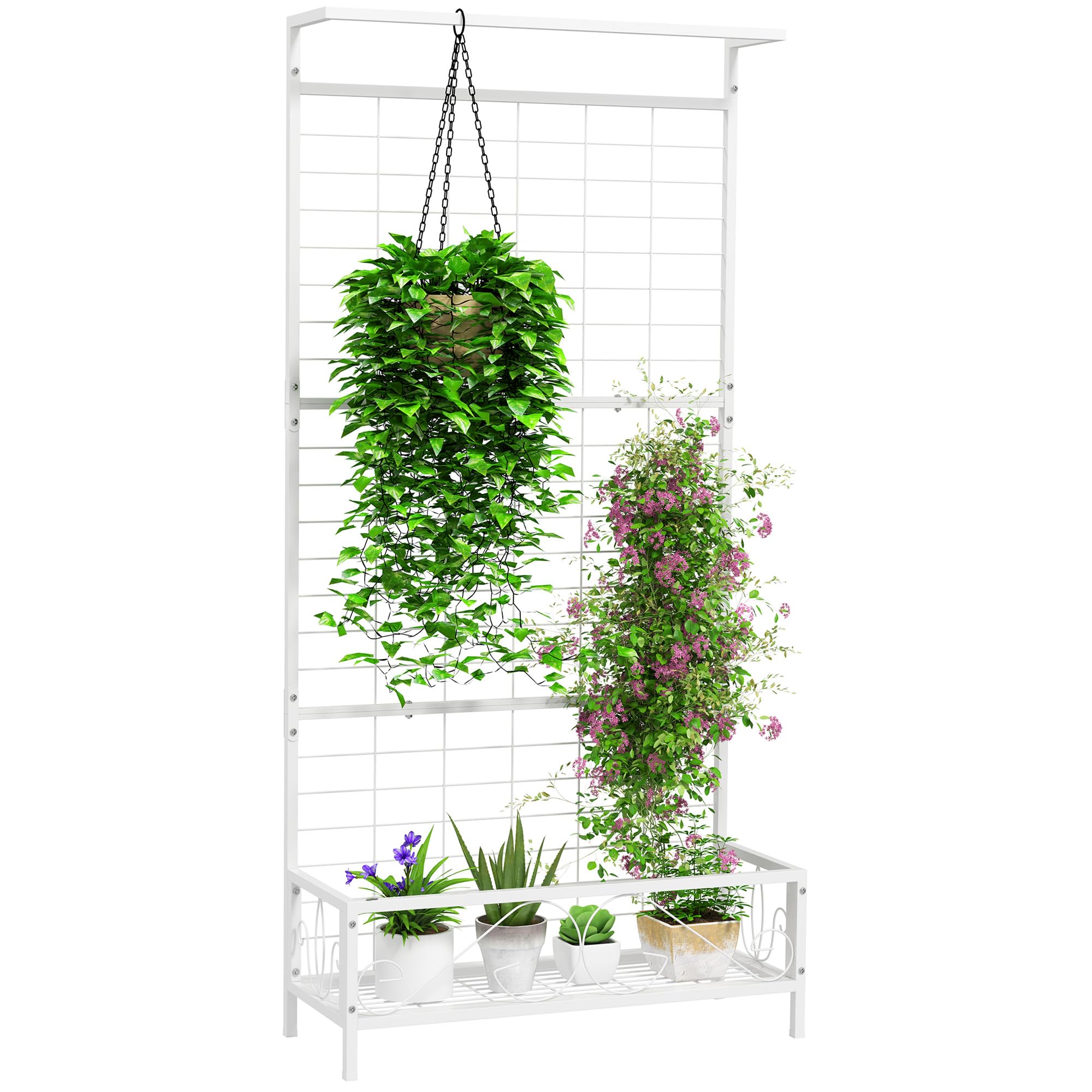 Outsunny Tall Plant Stand with Trellis and Hanging Bar, Metal Plant Holder Flower Stand for Vine Climbing Plants Flowers Indoor Outdoor Use, 36" x 12.8" x 74", White