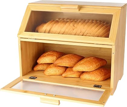 7Penn Bamboo Bread Box Double Layer Extra Large Kitchen Countertop Storage Bin - 2-Shelf with Windows and Air Vents for Fresh Bread, Bagels, Rolls and Pastries - Self Assembly Required
