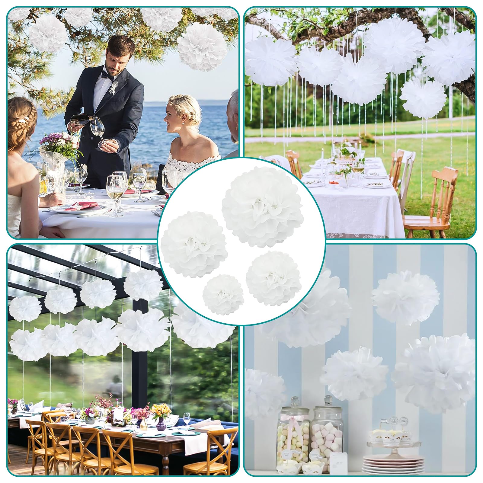 Set 12 Pompon Di Carta Velina Arancione E Bianco, 3 Misure - Decorazioni Per Feste, Matrimoni, Compleanni