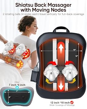 Shiatsu Back Massager with Heat : Up & Down Rolling Massage Kneading Massager for Back Pain Relief Deep Tissue - Adjustable Intensity and Heat for Office Workers, Seniors, and Daily Comfort