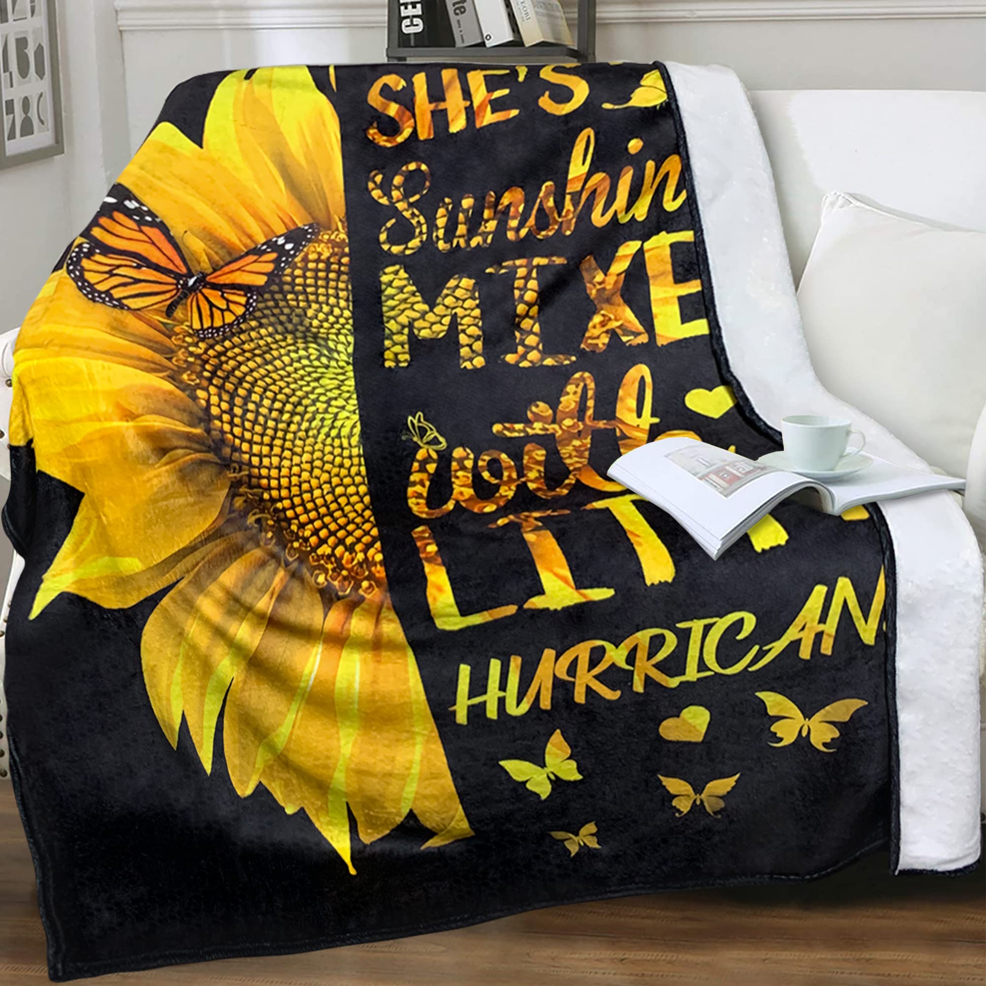 Sunflower Blanket Flannel Throw Blanket All Seasons for Girl Women Gift Lightweight Comfortable Print Super Warm Soft Office Couch Sofa Home Living Room Decor Foldable Butterfly 50''x60''