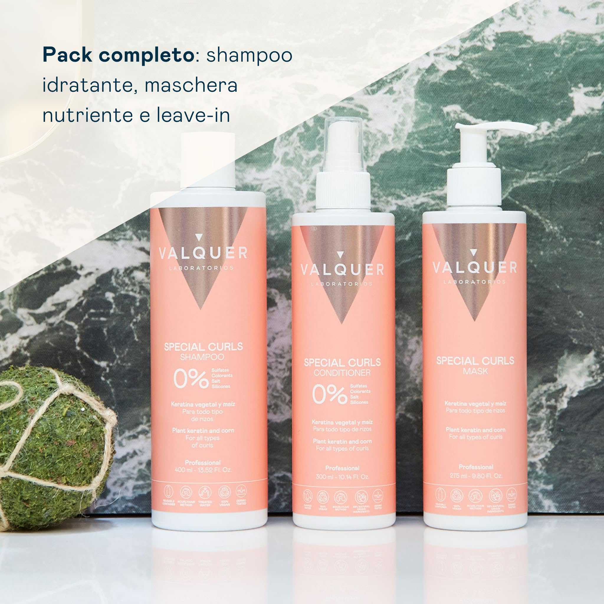 Valquer, Confezione Shampoo Metodo Ricci, Maschera, Balsamo Speciale per Ricci, Senza Solfati, Senza Sale, Fino al 96% di Origine Naturale | Routine completa per ricci definiti | Idratazione intensa con cheratina vegetale e mais | Vegano
